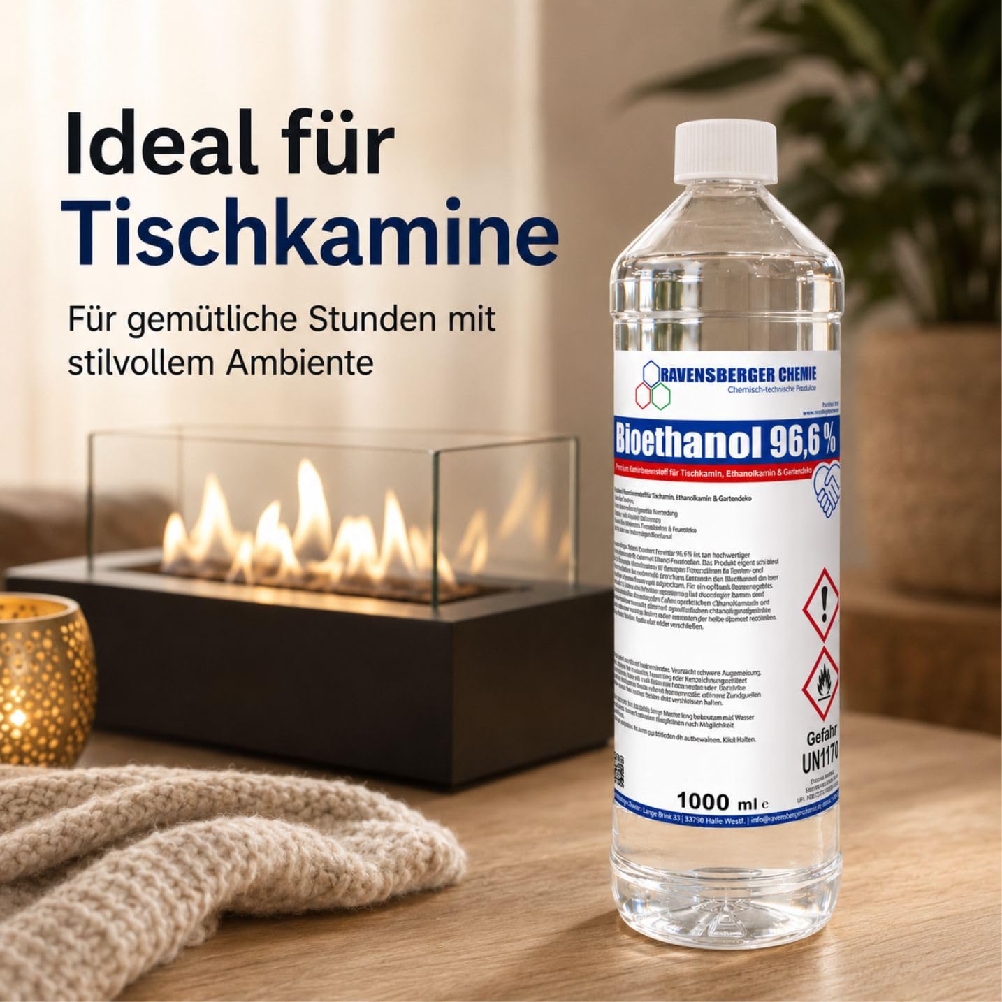 Bioethanol 96,6% - Premium Kaminbrennstoff für Tischkamin, Ethanolkamin, Gartenkamin & Dekorative Feuerstellen, Vergällter Ethanol Brennstoff, Farblos, 10 Liter