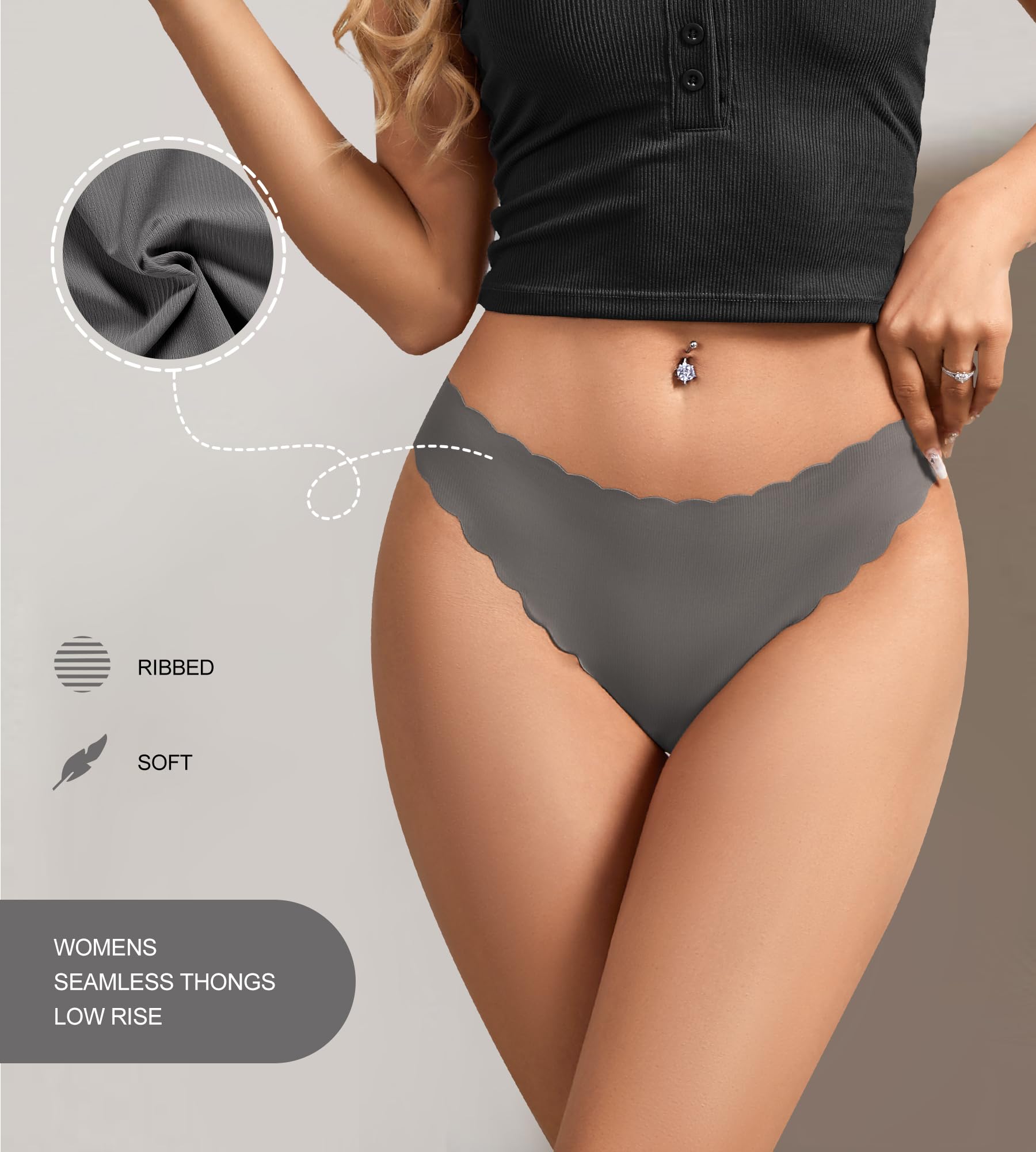 SHARICCA Tangas sin costuras para mujer, ropa interior suave, acanalada, invisible, borde ondulado, paquete múltiple
