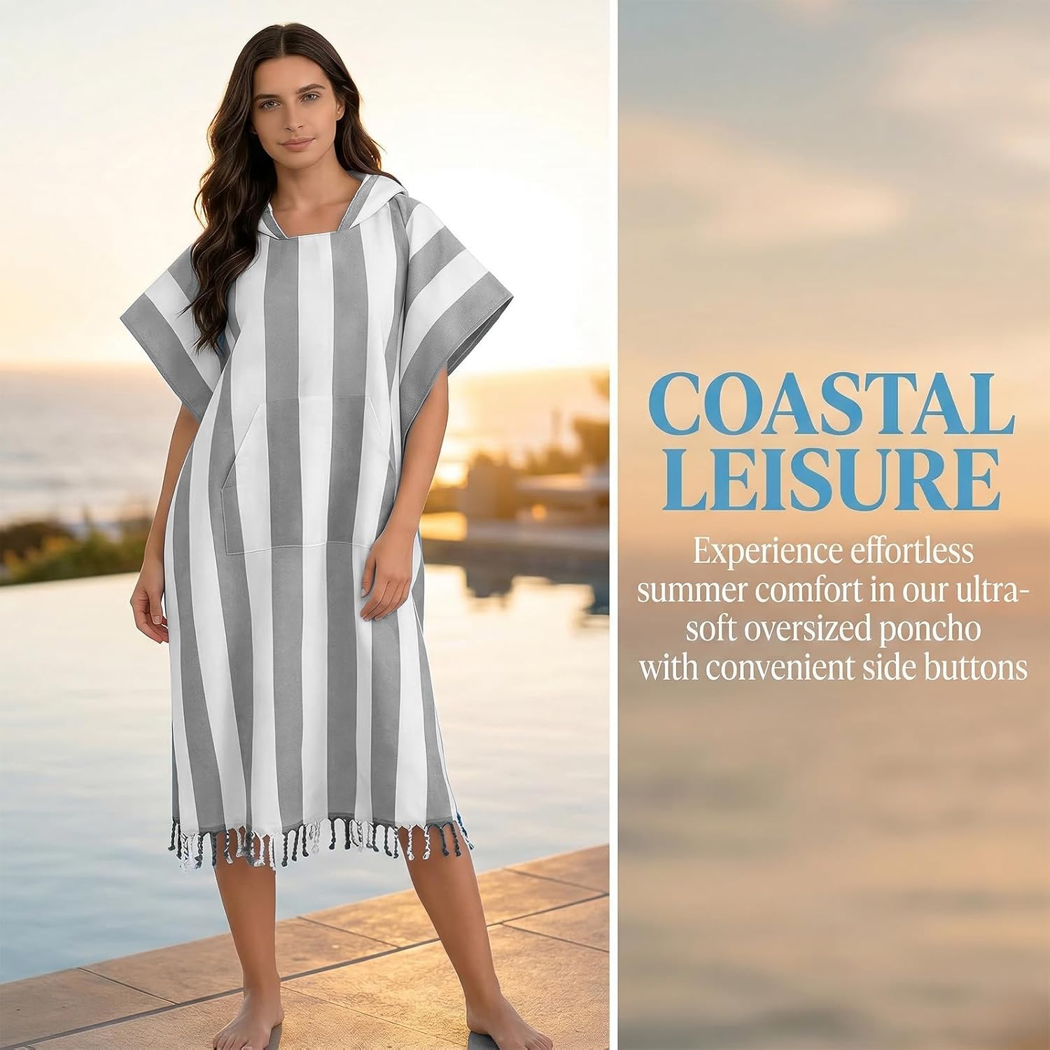 1pcs Stripe Cotton Turkish Towel Poncho Surf Poncho Changing Robe with Hood and Front Pocket Absorbent Wearable Towel Hooded Beach Towel for Adult Man Women Beach Pool (Grey, M)