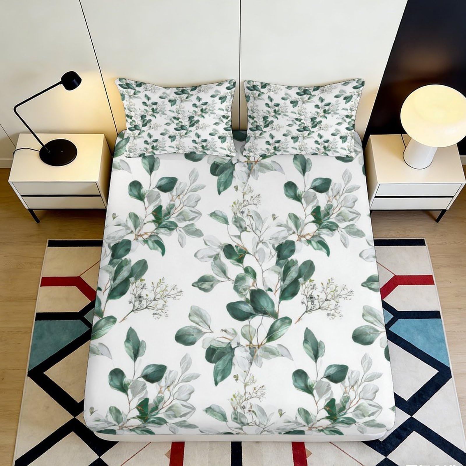 3D Printed Botanical Leaf Fitted Sheet Microfiber Green Plant Mattress Cover for Bedroom Guest Room Decor Easy Care 90x200x25cm