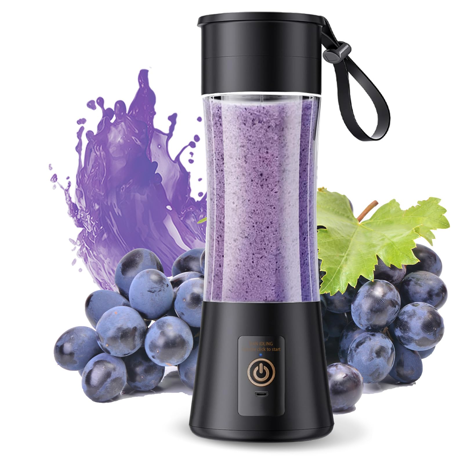 Portable Blender, Mini Blender for Travel, Office, 1400 mAh, USB Rechargeable, Bottle for Smoothies and Shakes, 380 ml, 6 Blades, Black
