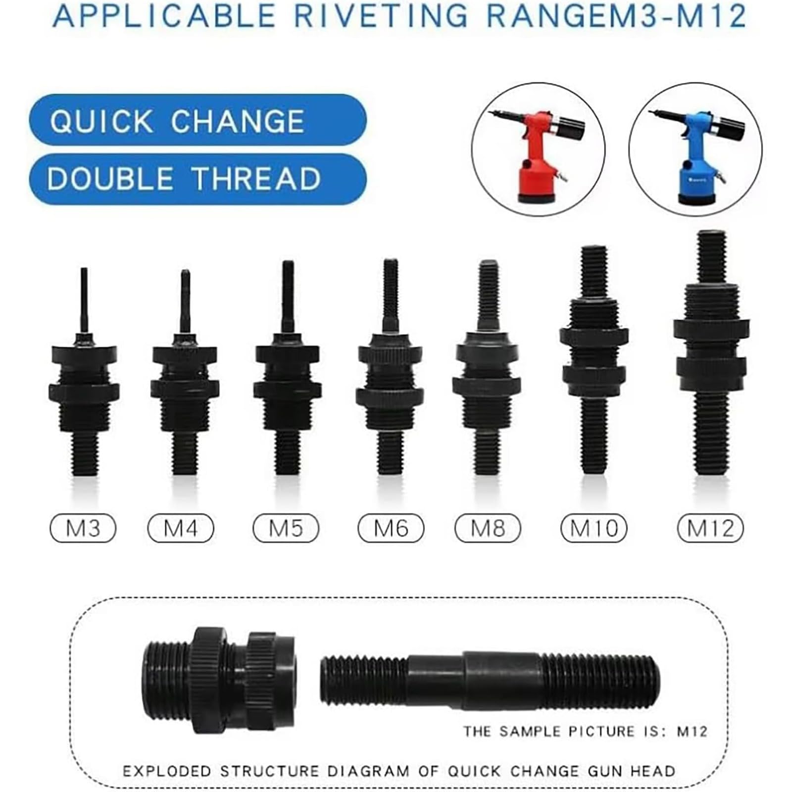 Zestaw narzędzi hydraulicznych do nitów pneumatycznych, nitownica pneumatyczna, mocny pistolet do nitowania, 7 nasadek, napięcie robocze 19,1 kN, dla mechaników i majsterkowania