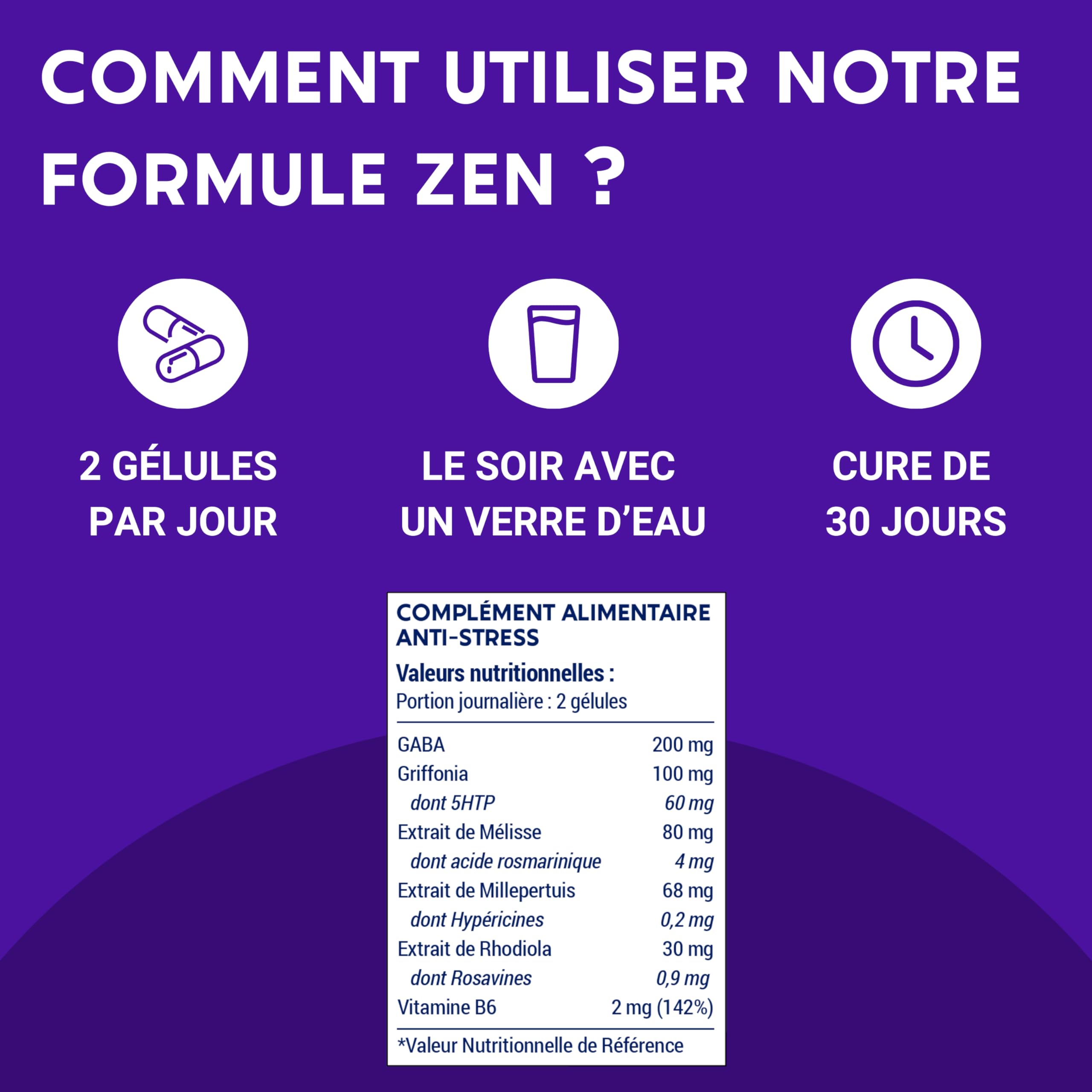 FORMULE ZEN | GABA, Griffonia, Millepertuis, Mélisse, Rhodiola, Vitamine B6 | Anti Stress Naturel | 30 jours de Relaxation | Complement alimentaire | Fabriqué en France