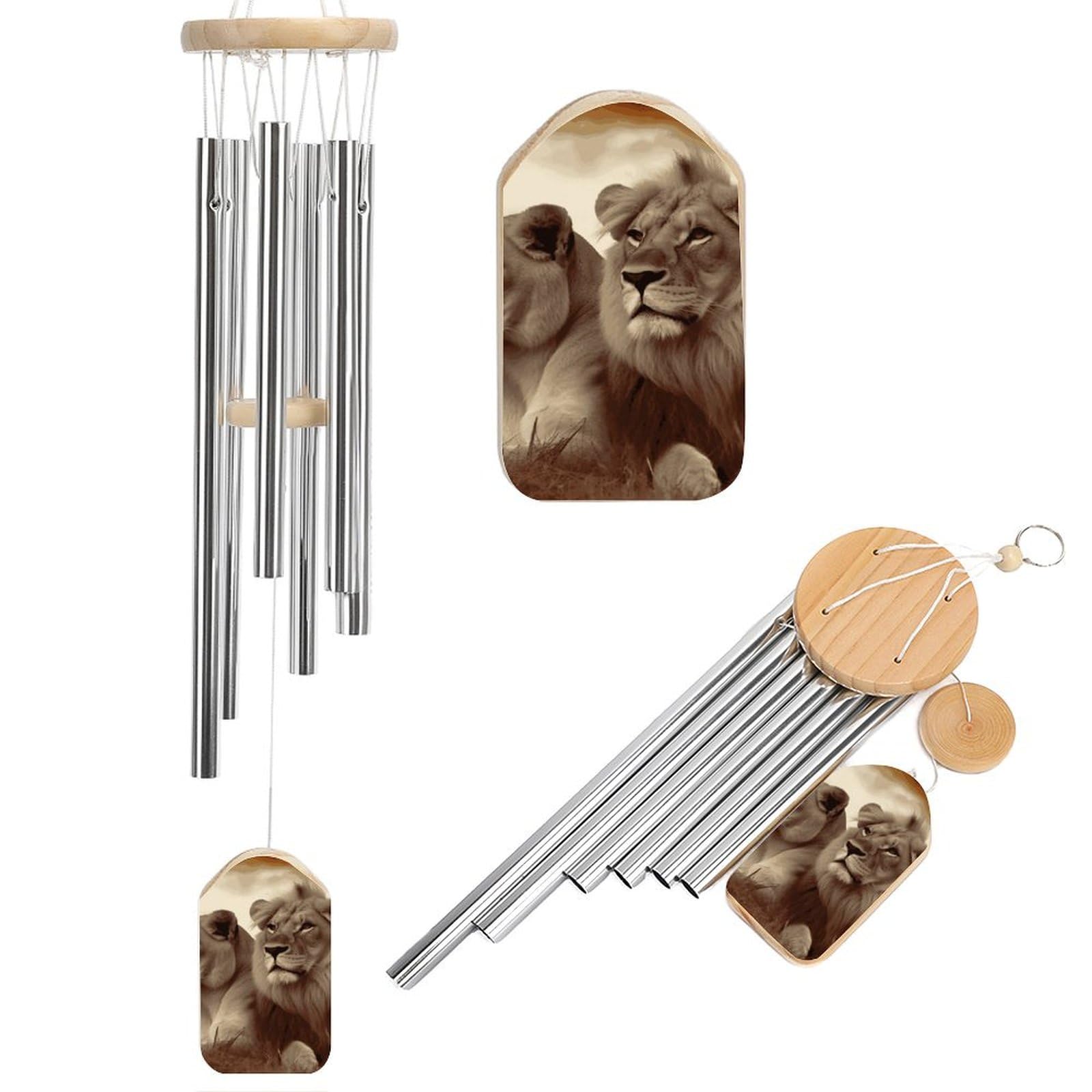 Exquisite Aluminum & Wood African Lion and Lioness Printed Wind Chime - Perfect for Outdoor & Indoor Spaces20.5 in