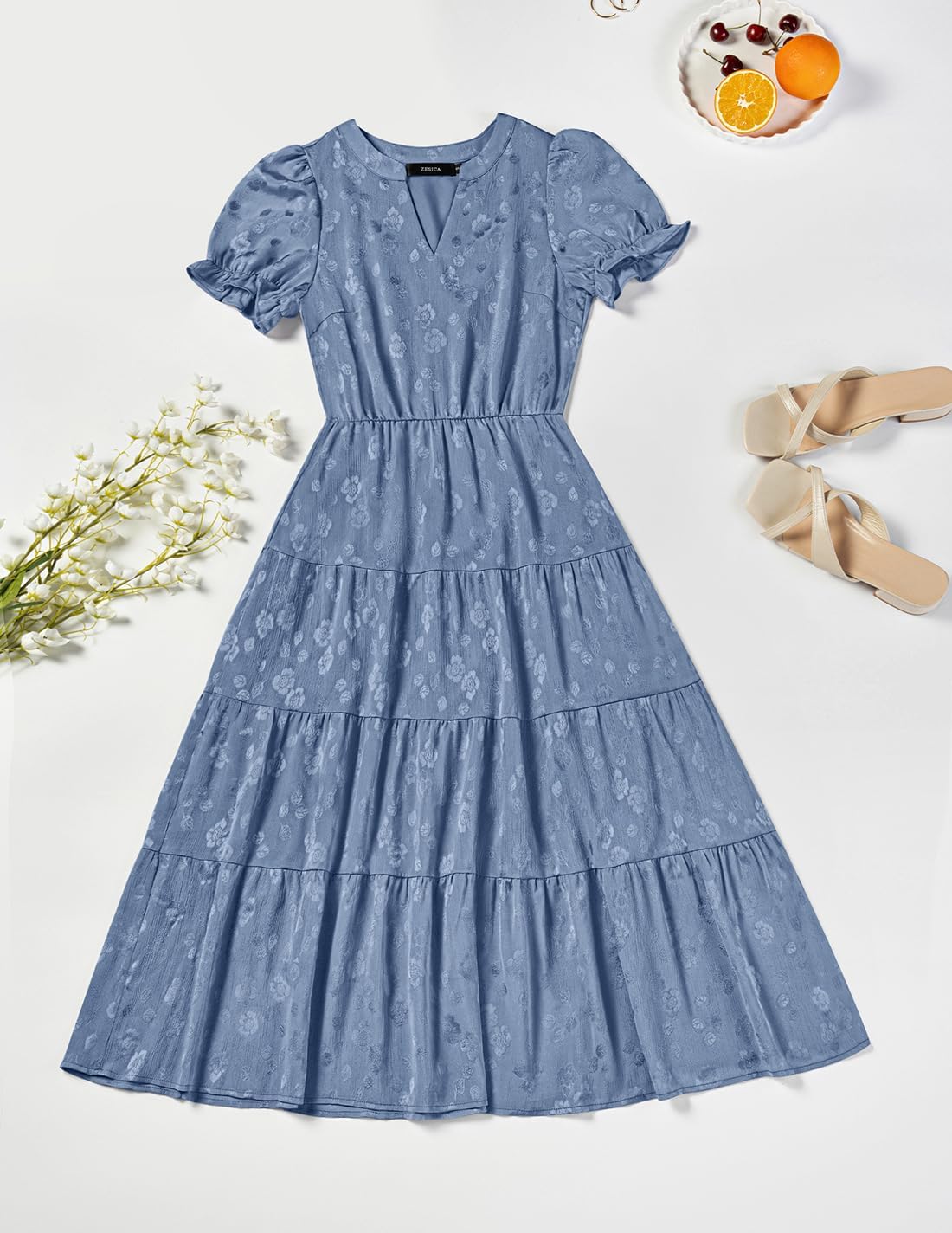 ZESICA Womens 2026 Summer Puff Short Sleeve Midi Dress Floral V Neck Textured Ruffle Flowy Beach Party Dresses - Image 8