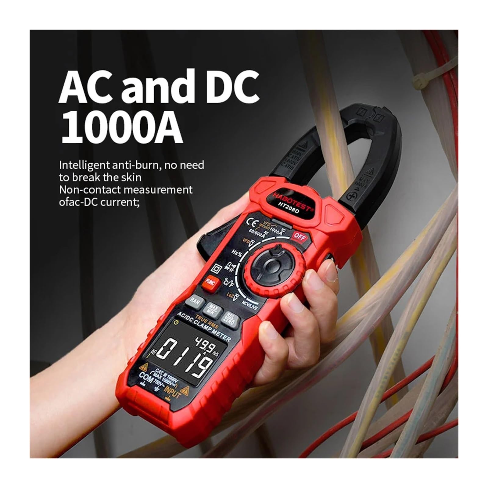HT208 206 1000A 1000V Pinza amperometrica digitale True RMS AC DC | Misura corrente AC DC e valori elettrici senza scollegare i circuiti per manutenzione e diagnosi(HT206A 600A Basic)