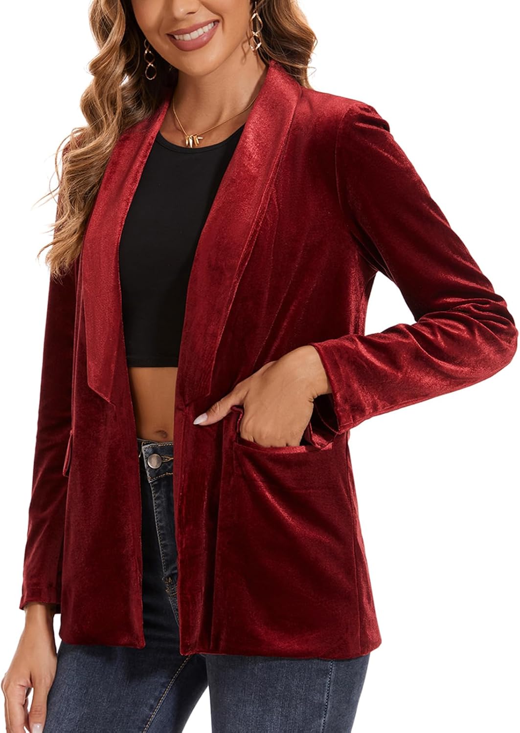 MINTLIMIT Women's Long Sleeve Velvet Cardigan Jacket Shawl Collar Open Front Vintage Blazer with Pocket (Wine Red - Size L), Large