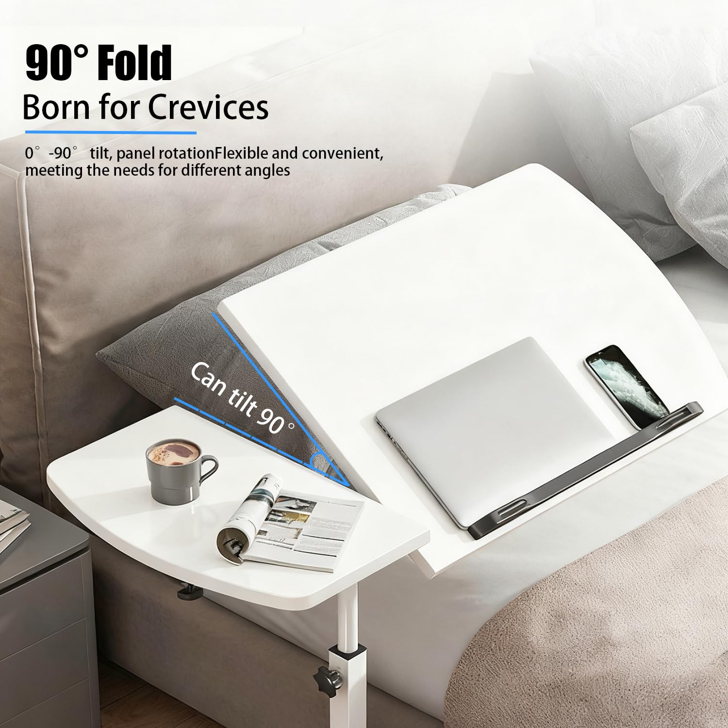 Tavolino Servitore Letto,Carrello Con Ruote Dotate Di Freno,60x40 Cm,Con 2 Barre Antiscivolo,Adatto Per Uso Con Tavolo,Divano o Letto,Supporto Per Laptop Con Altezza e Angolazione Regolabili (Bianco)