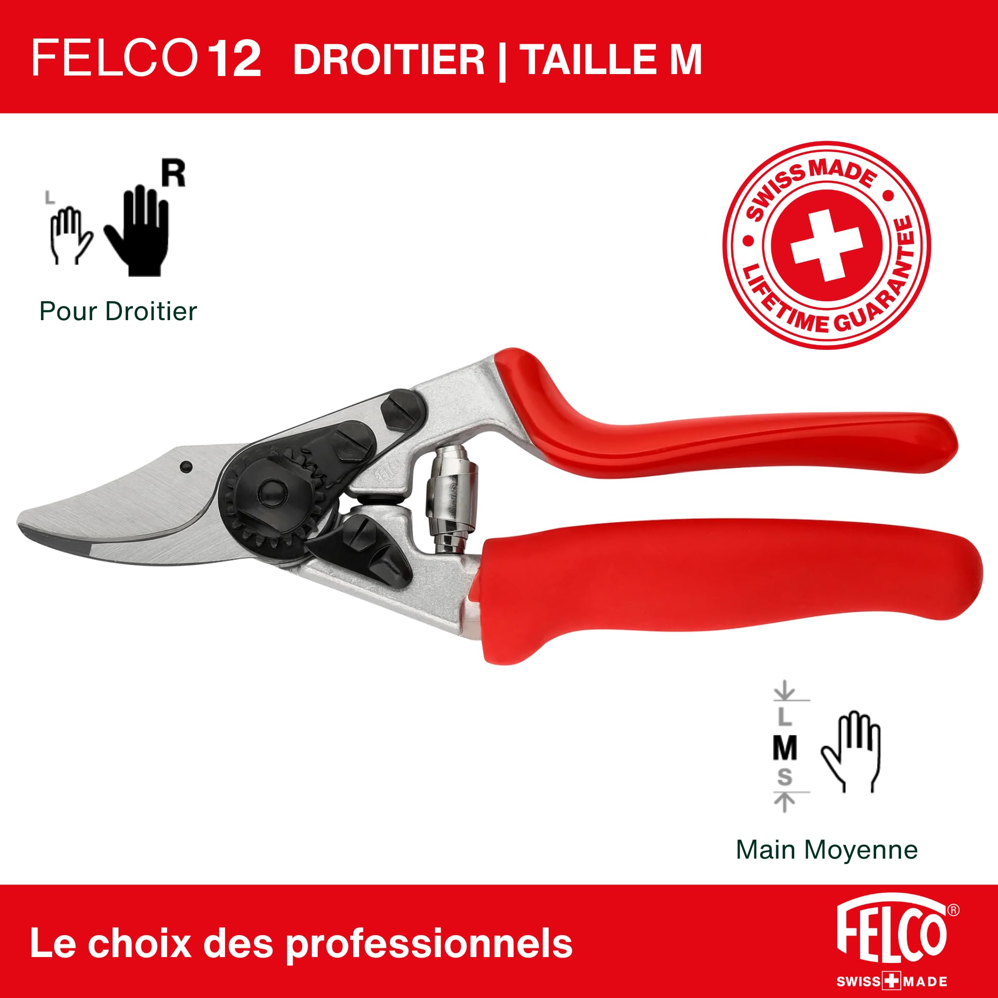 FELCO 12 sécateur bypass droitier avec poignée tournante, ergonomique pour main moyenne, lame 42 mm, coupe 20 mm, tête inclinée, amortisseurs, outil de taille compact, fabriqué en Suisse