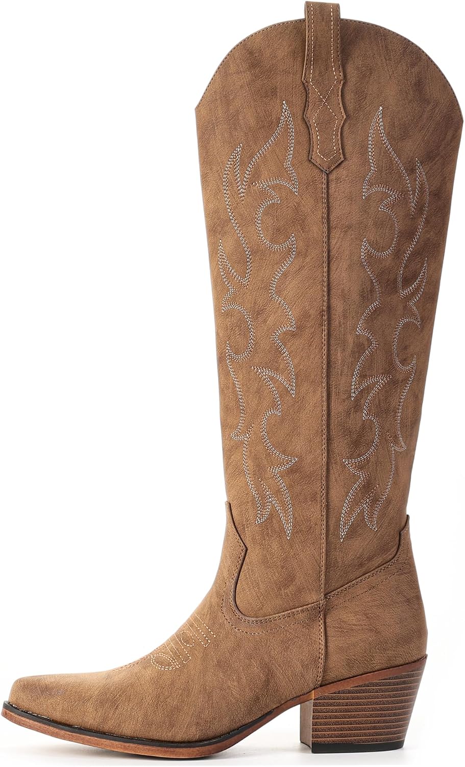 IUV Knee High Cowboy Boots for Women-Wide Calf Embroidered Cowgirl Boots, Pointed Toe Chunky Heel Slip On Retro Western Tall Plus Size Boots for Party & Concert
