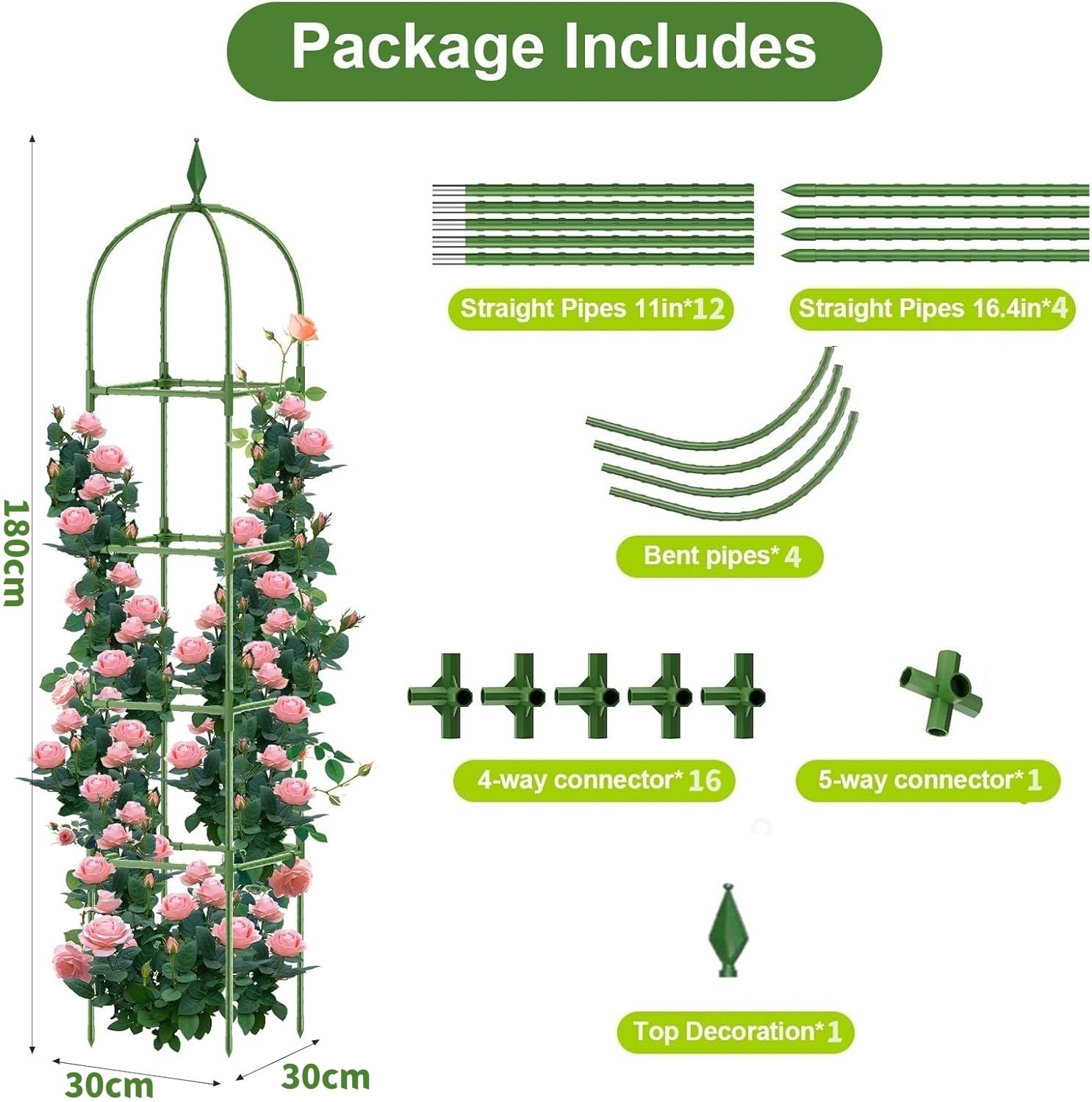 LATERN 1 Pieza Enrejado de Obelisco de Jardín para Plantas Trepadoras, 180CM Altura Soporte Metálico para Plantas con Revestimiento Antioxidante para Macetas Plantas Rosas Tomates Flores Uvas (Verde)