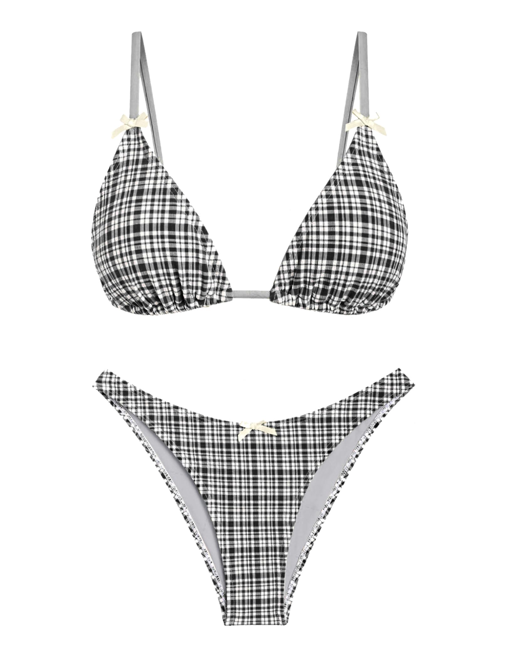 seamoly Women Bikini Set Tie Back Bow Two Piece Swimsuit Triangle Thong Swimsuit Gingham Flower Cherry Print, Black plaid, S-picture-26