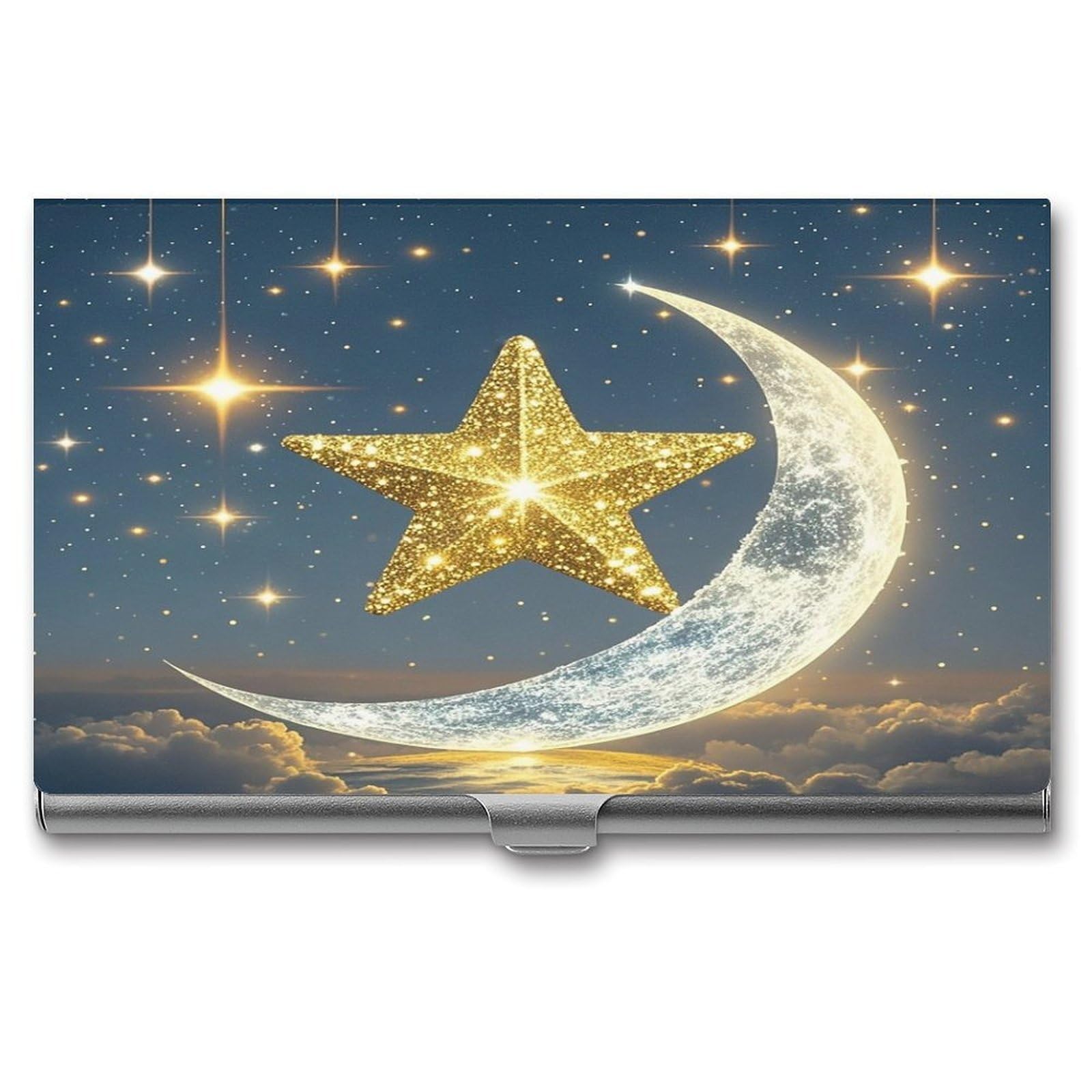 FekiLoot Golden Stars And Moon Business Card Holder Aluminum Alloy Business Card Case Convenient to Carry Business Card Dispenser for Men Women