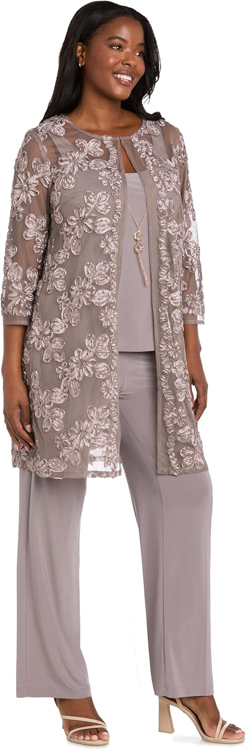 R&M Richards Women's 3-Piece Soutache Ribbon Duster Pantsuit W/Embroidered Jacket, Tank Top W/Necklace & Straight Leg Pants