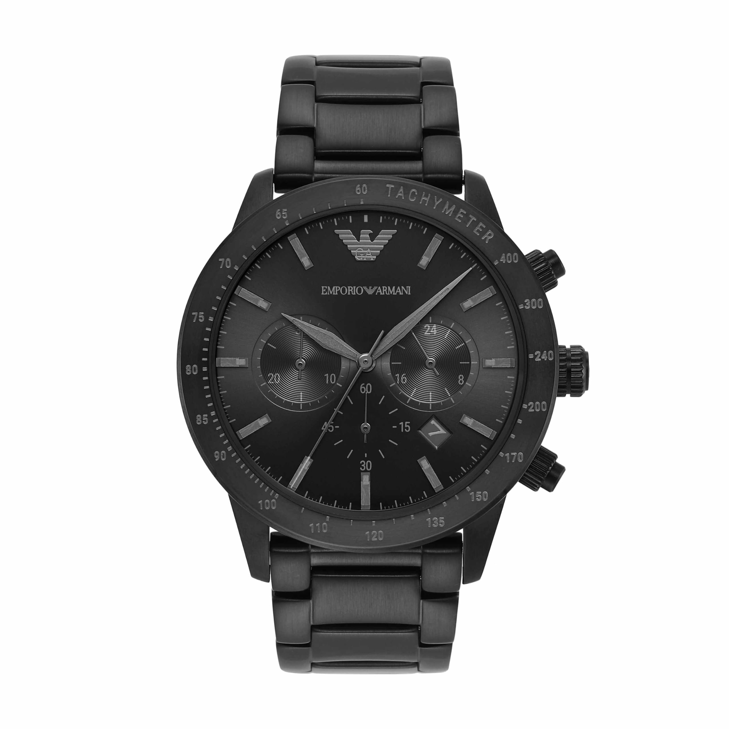 Emporio Armani Uhr für Männer, Quarz-Dreizeiger-Chronographenwerk und 43mm Gehäusegröße mit Edelstahlarmband