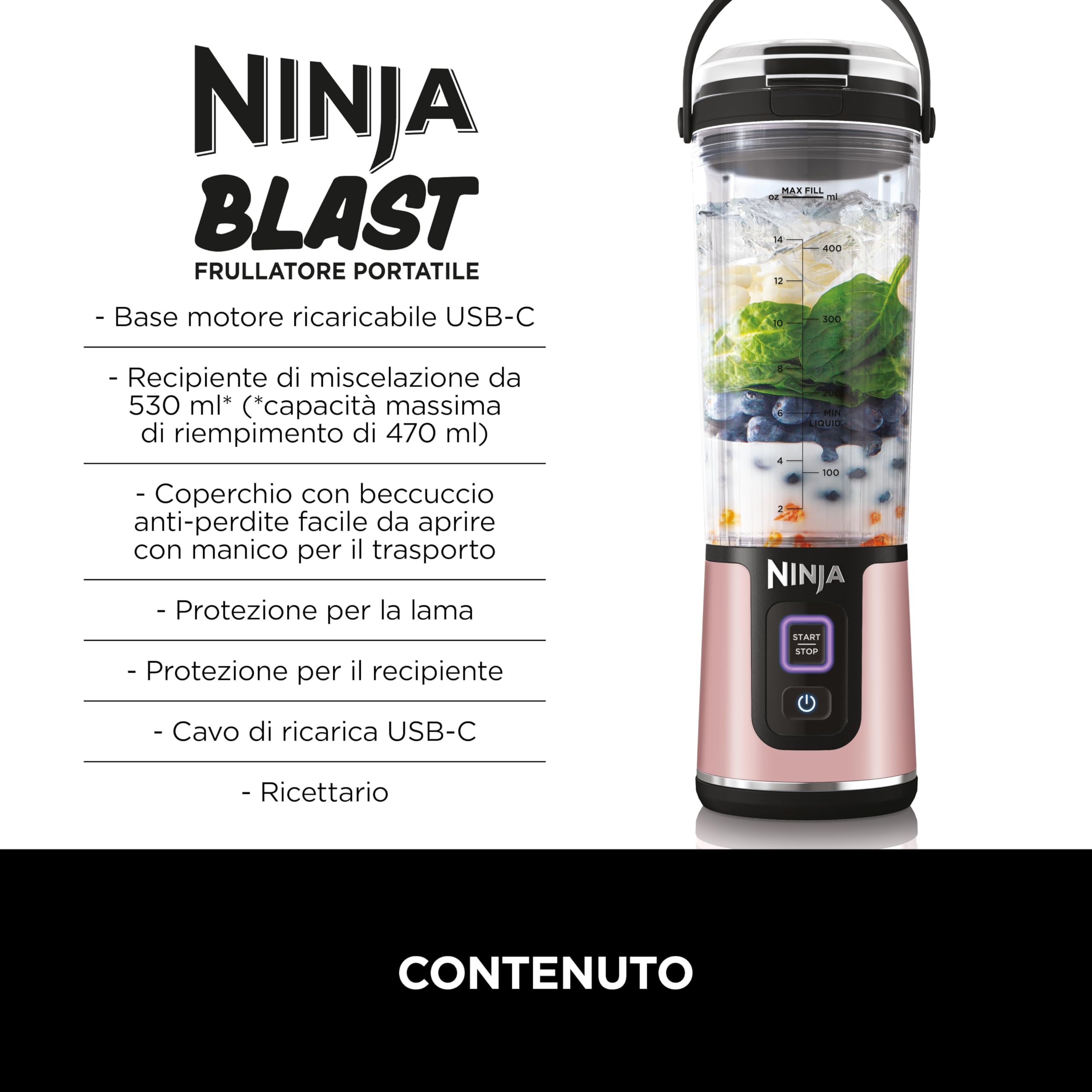 Ninja Blast Frullatore Portatile x2 530 ml, Coperchio Antiperdite e Beccuccio, Senza Filo, Ricaricabile, Frullati Proteici, Frulla Ghiaccio e Frutta congelata, Oro Rosa, Argento Metallico, BC151UKEUGV