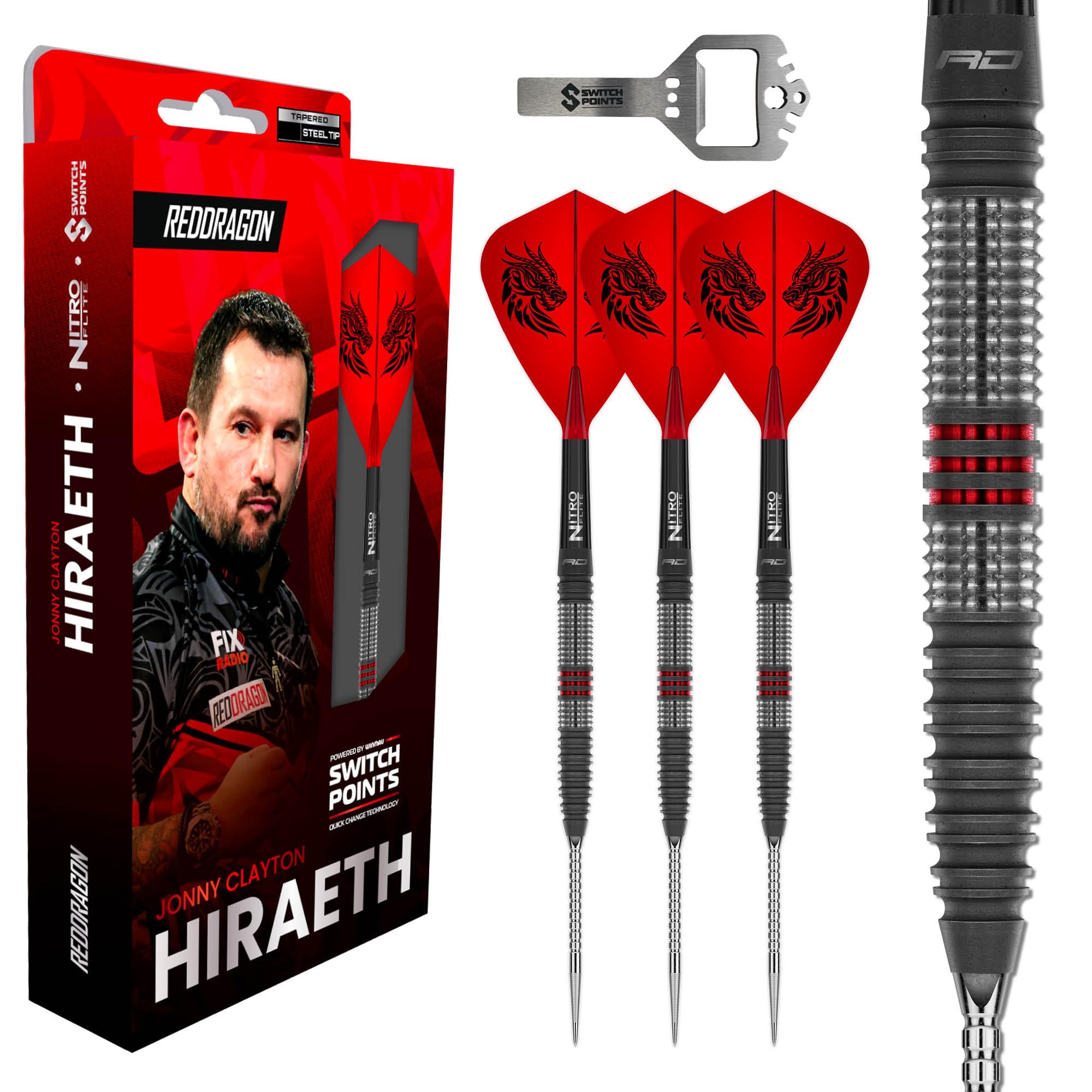RED DRAGON Jonny Clayton Hiraeth – Powered by Winmau Switch Points Technology | Professional Darts Set | 90% Tungsten Darts | Nitro Flite Integrated Flights & Shafts | Kite Shape – 23g Dart Set