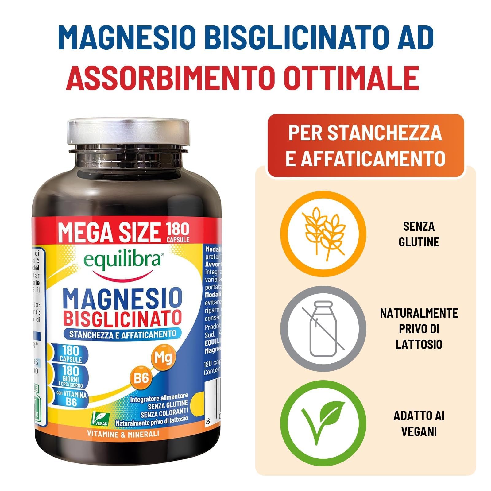 Equilibra Magnesio Bisglicinato, 180 Capsule, 250mg, con Vitamina B6, Scorta 6 Mesi, Assorbimento Ottimale, Vegan, Integratore Stanchezza, Sistema Nervoso e Funzione Muscolare, Senza Glutine