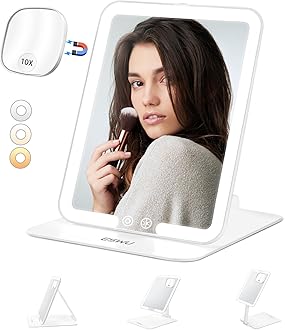 ESWU Travel Makeup Mirror with Light, Portable Folding Make Up Tabletop Mirror with 10X Magnifying Mirror Rechargable 3 Colors Light Compact Vanity Mirror with Adjustable Stand (White)