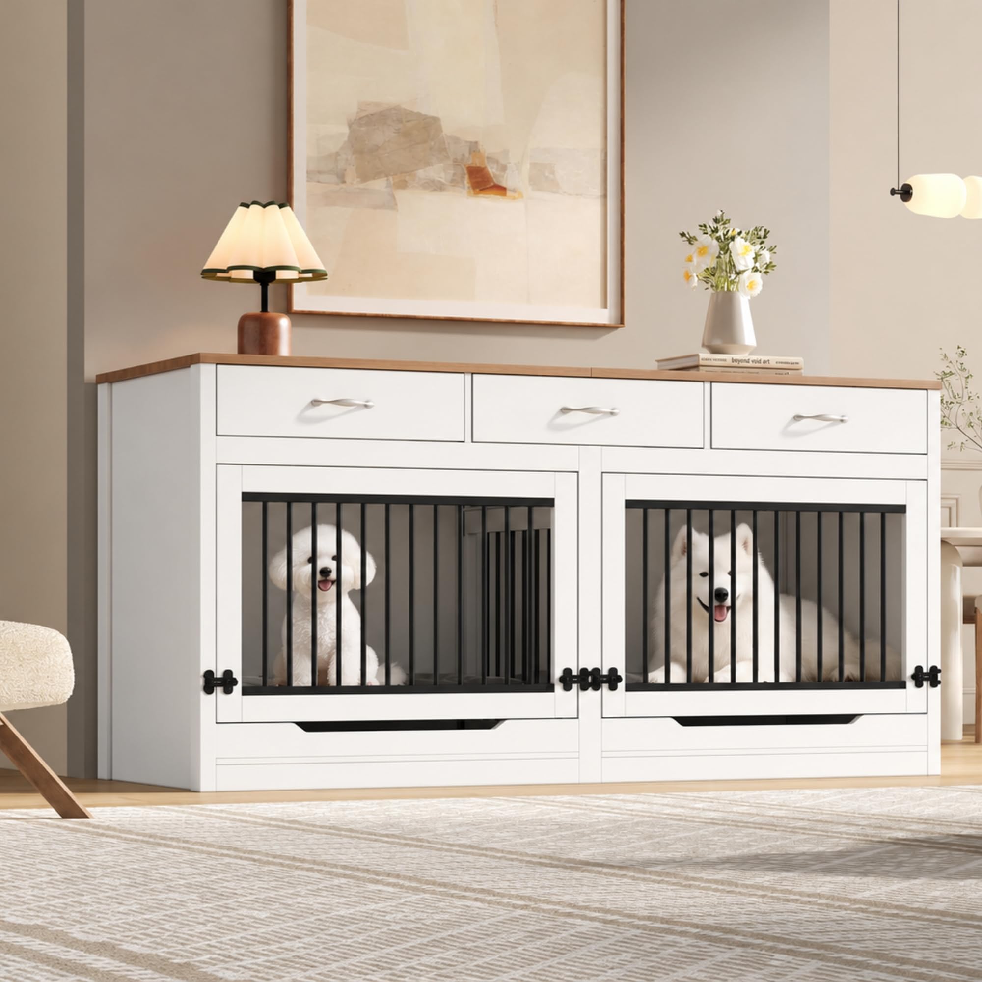 Mrwoo Hundebox Hundekäfig Möbel mit 3 Schubladen, Innen-Hundehütte mit Klappdeckel und Abnehmbare Trennwand Luxus Hundevilla, als Beistelltisch für Wohnzimmer, Holz & Metall, Natural+White, 164×60×81