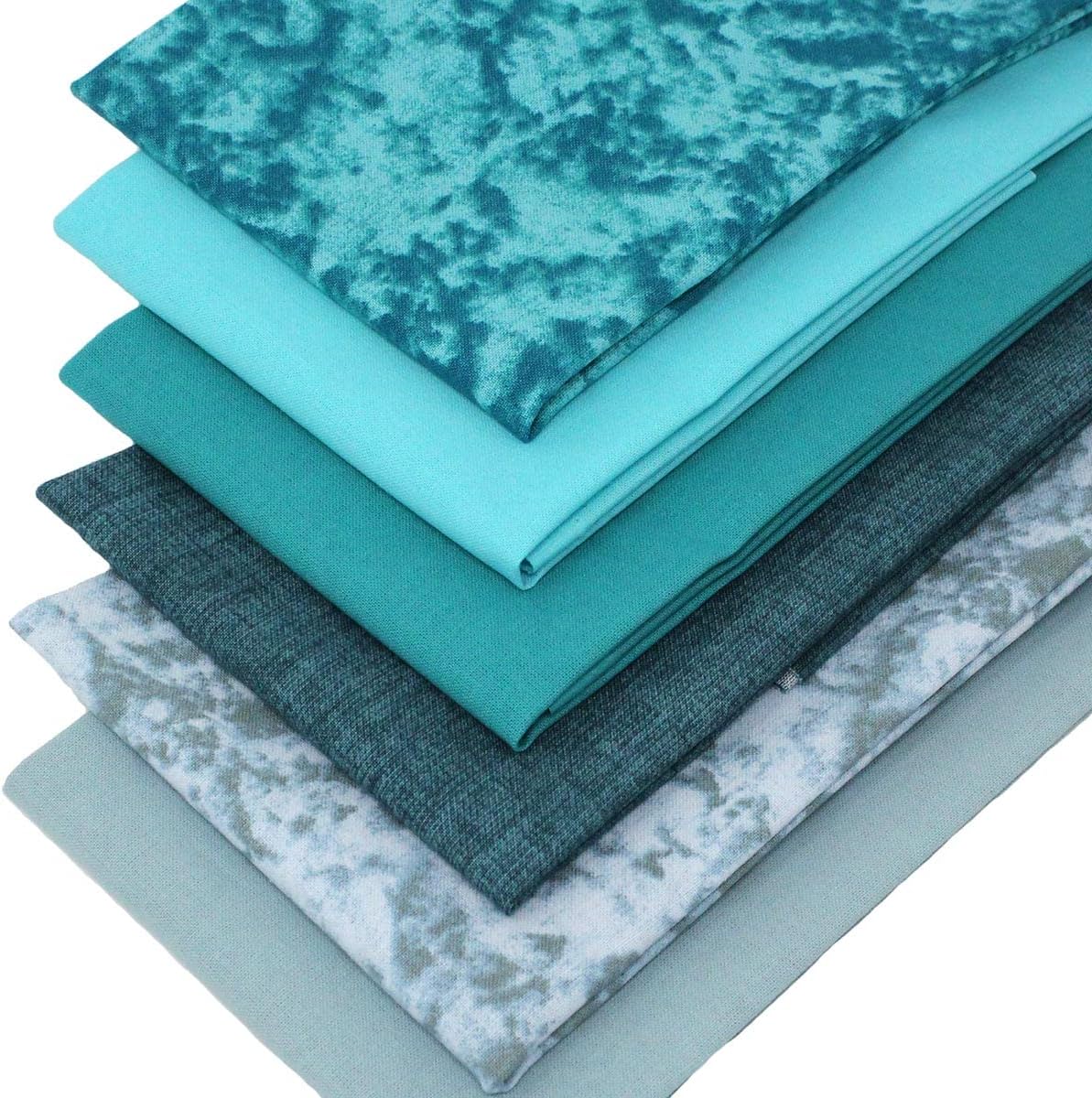 6 Fat Quarters Bundle - 'Sea Mist' Plain Solid & Marble Fabric Collection in Light Blue, Aqua and Teal. Ideal for Quilting & Crafting. 100% Cotton (Free Patchwork Pattern by Overdale Fabrics)