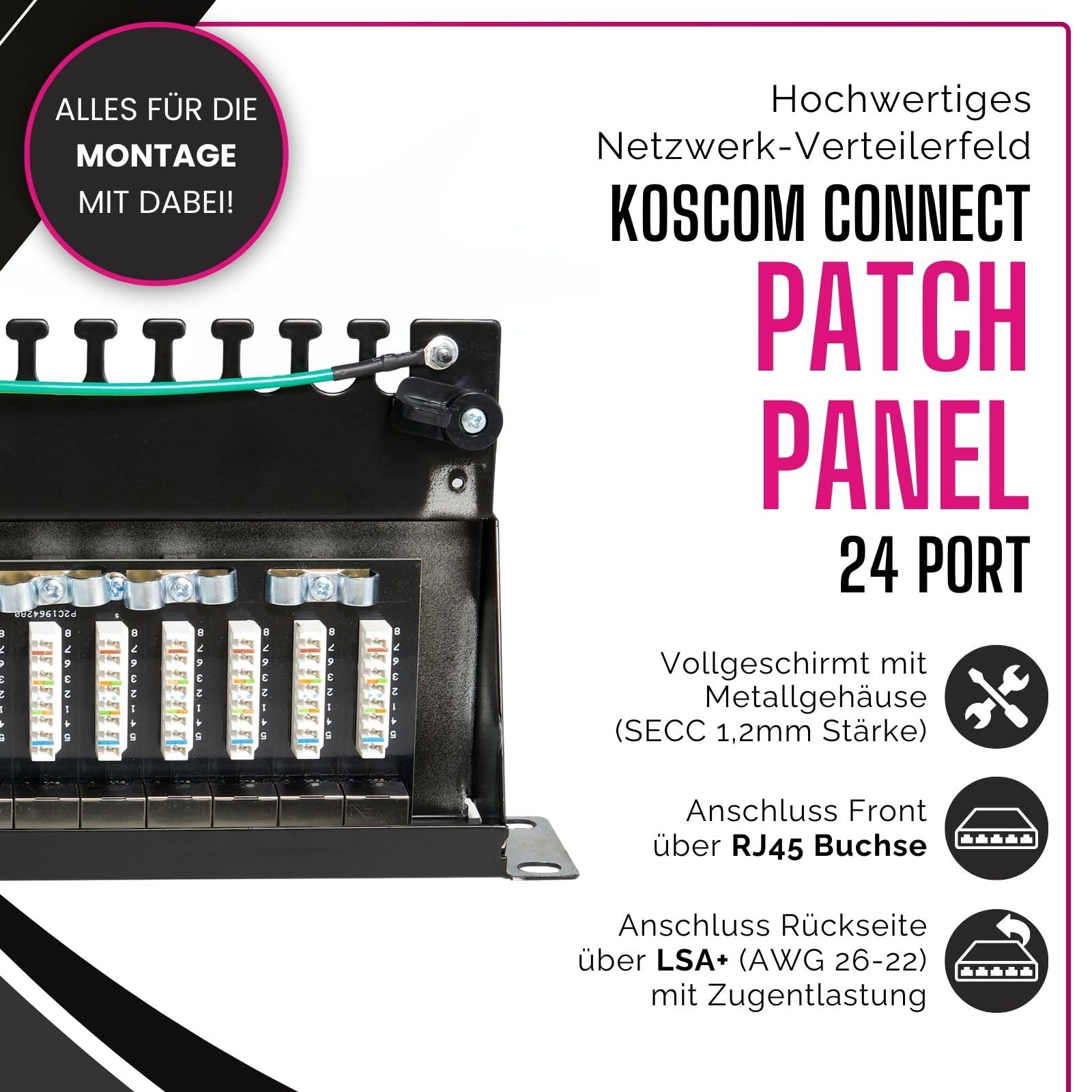 Patchpanel 24-Port CAT 6A I Patchfeld 19 Zoll Rackeinbau | Anschluss Front über RJ45 Buchse I Anschluss Rückseite über LSA+ I vollgeschirmt I TIA568A TIA568B I Schwarz
