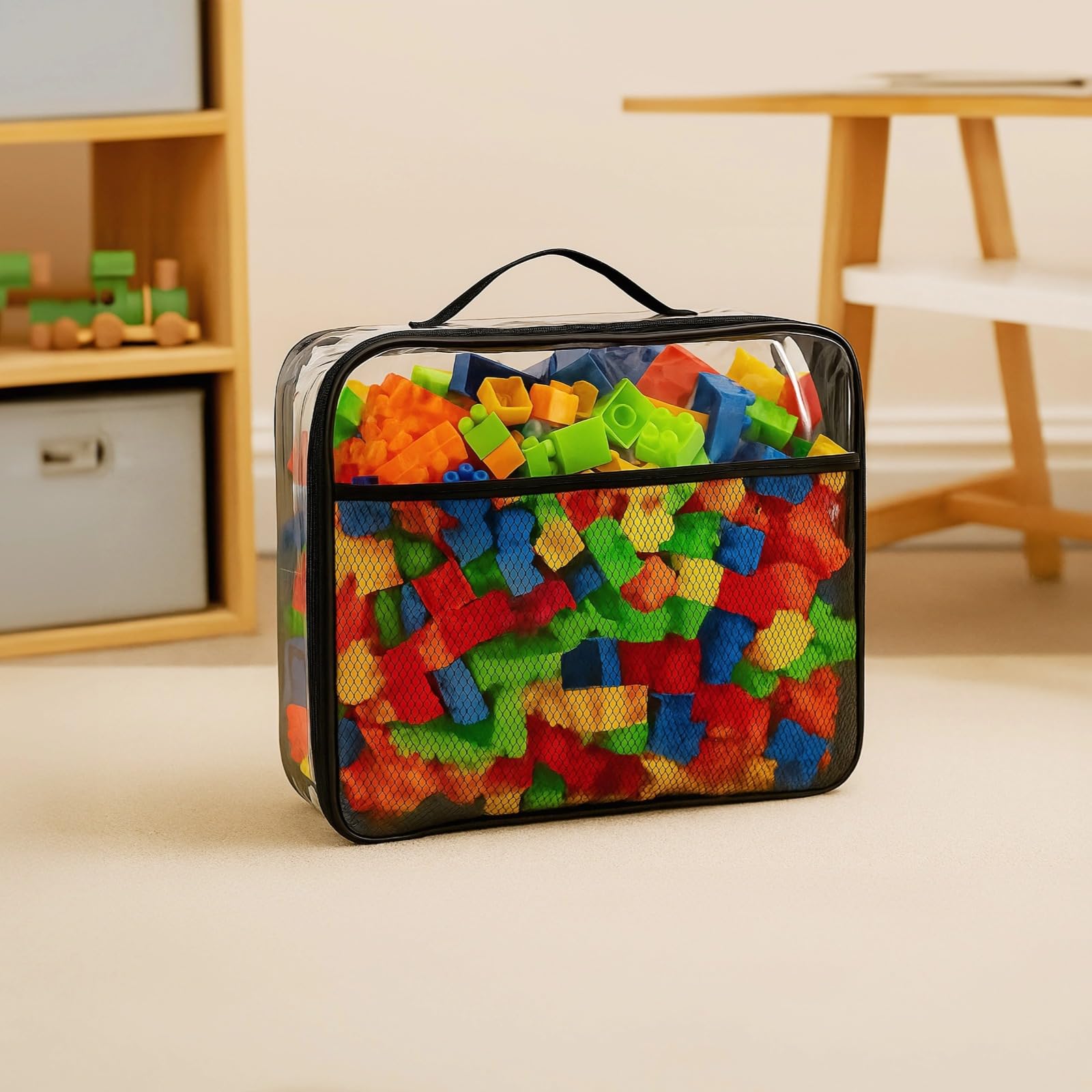 4 sacs de rangement pour jouets imperméables, pochettes organisatrices transparentes à fermeture éclair, contenants en PVC avec poignées et poche frontale en filet, organiseurs pour chambre et voyage