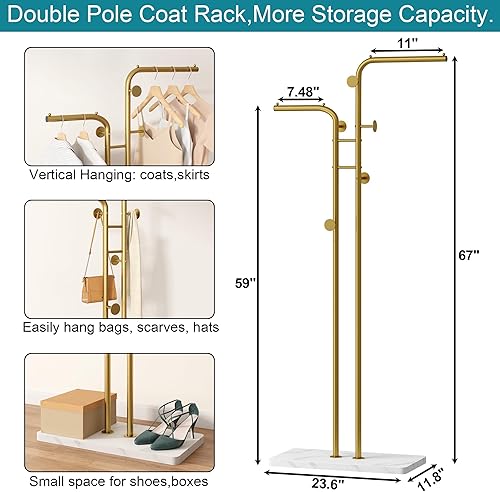 Miniatura 9 de HOMEFORT Perchero de doble polo, perchero de metal independiente, soporte para sombrero de ropa con 5 ganchos para armario, dormitorio, entrada,
