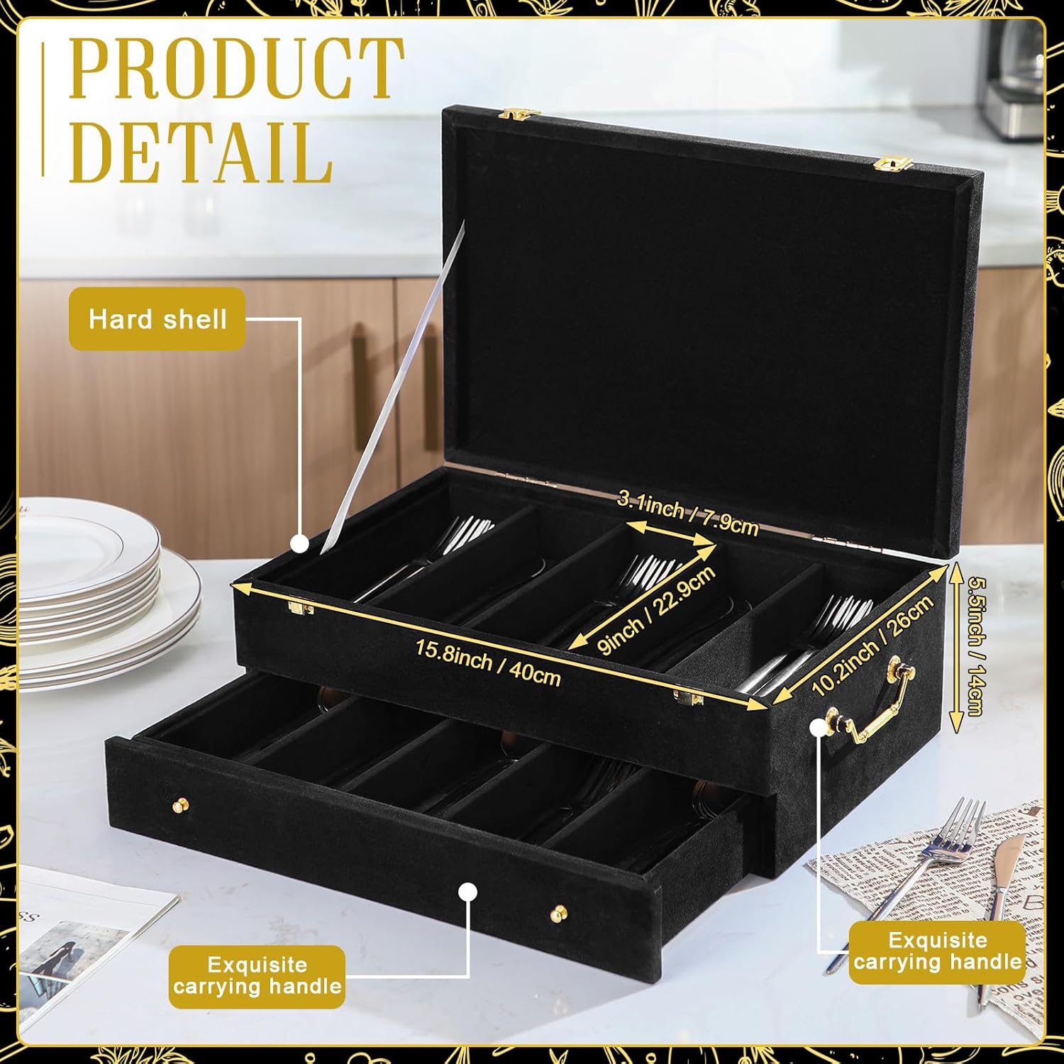 Pickmesh Silverware Case with Lid and Handle, Silverware Storage Box Sterling Silver Flatware Chest Without Silver Tarnish Proof Utensils Organizer for Kitchen Decor Wedding Gifts (Black,2 Layer)
