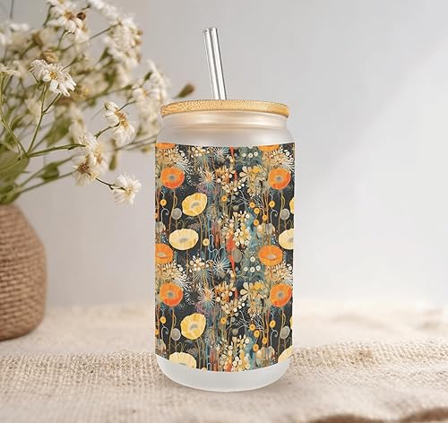 Miniatura 2 de Fall Nature Pattern Frosted Glass Can with Bamboo Lid & Straw 16 Oz Autumn Floral Glass Cup, Sublimated Gift Mugzan