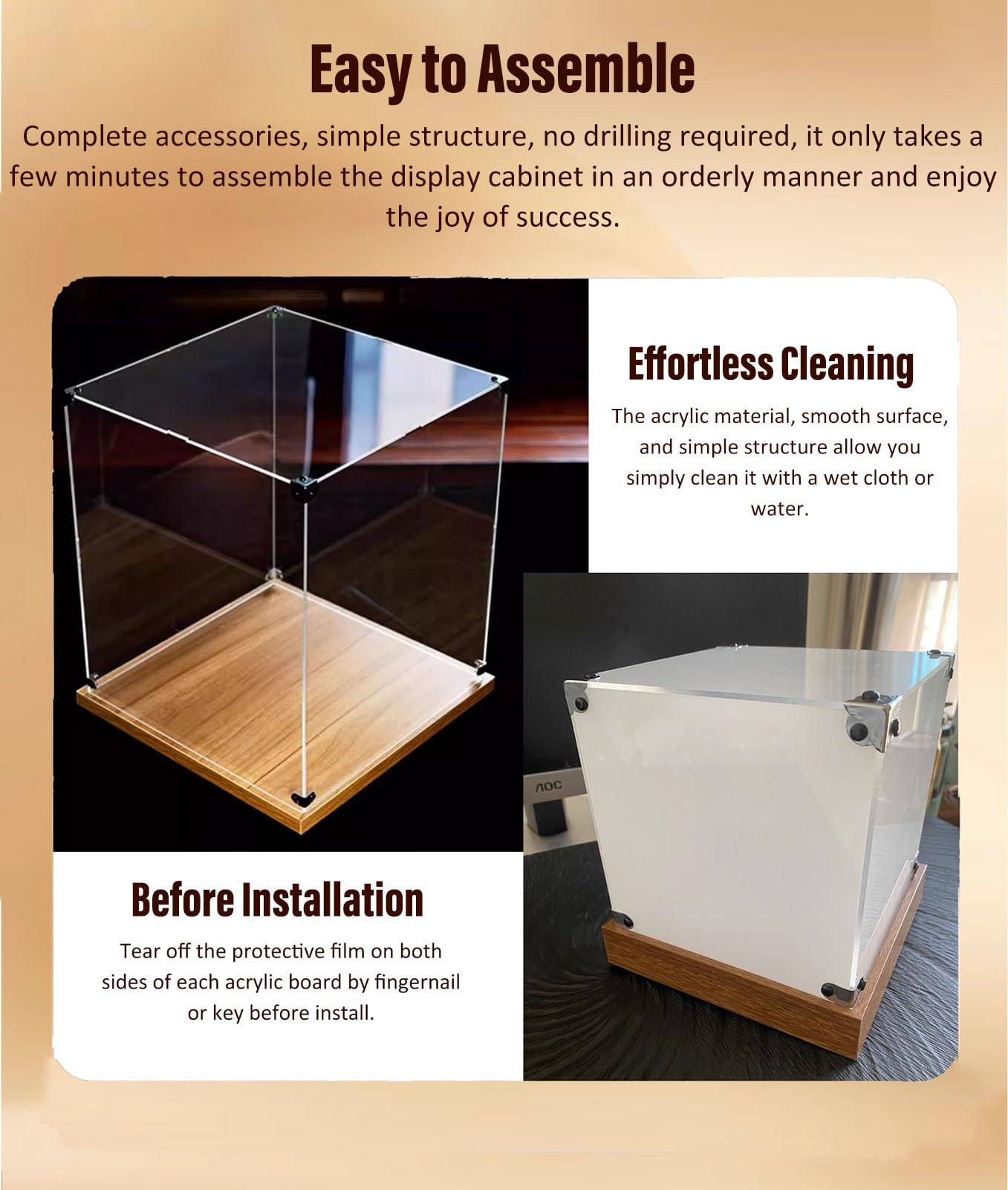Teca Plexiglass Vetrina in Acrilico Trasparente per Figure, Bambole, Giocattoli e Modellini, Scatole Decorative per Oggetti da Collezione, Vetrina con Base in Legno(500x500x400mm/20x20x16in)