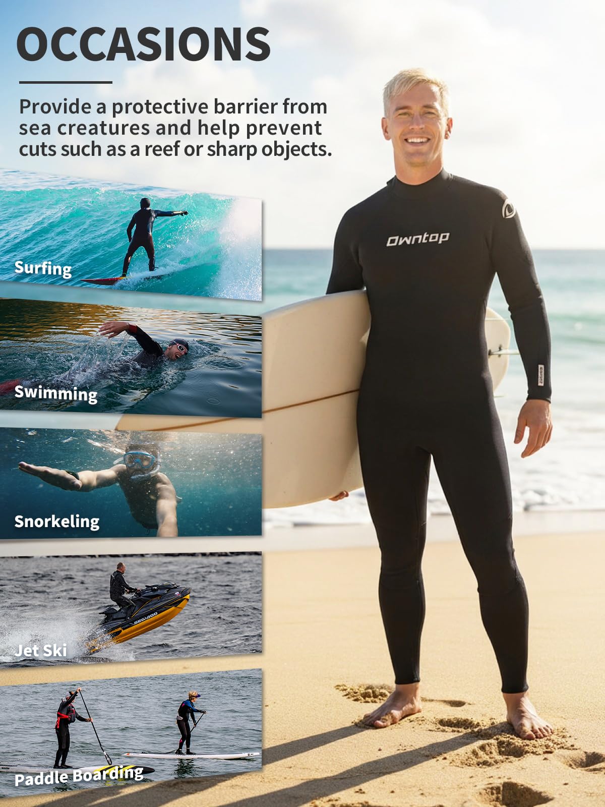 Owntop Traje de neopreno para hombre y mujer de 3/2 mm, longitud completa, con cremallera trasera, elástico térmico, piel de buceo profesional para surf, esnórquel