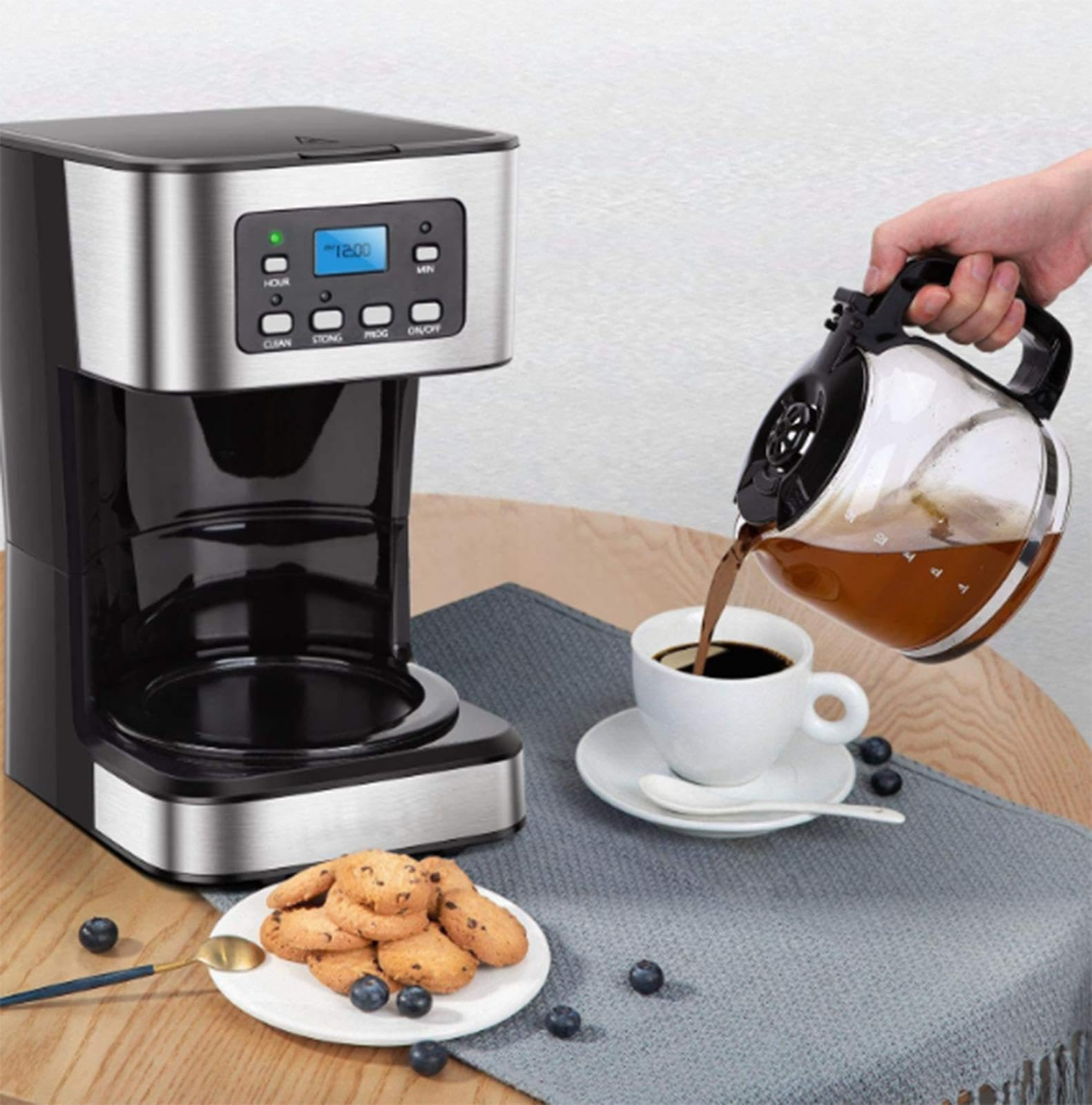 Cafetière Programmable de 12 Tasses pour La Maison et Le Bureau, Cafetière Goutte à Goutte avec Maintien Au Chaud, Carafe en Verre, Filtre Réutilisable, Système Anti-Goutte, Arrêt Automatique