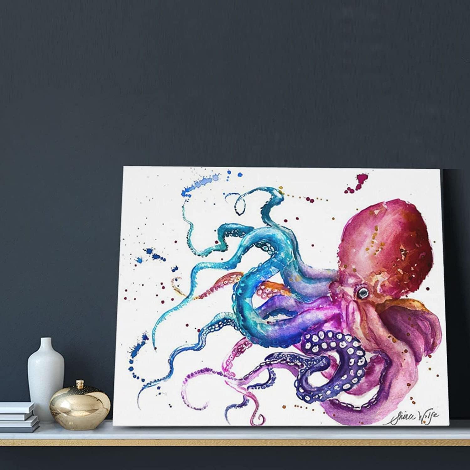Watercolor Octopus Decor Wall Art, Abstract Sea Animal Canvas Painting Prints Blue Ocean Nautical Decor Artwork Sea Life Art Posters For Living Room Bedroom Bathroom Framed Home Decoration12x16inch 12X16 inches Watercolor Octopus