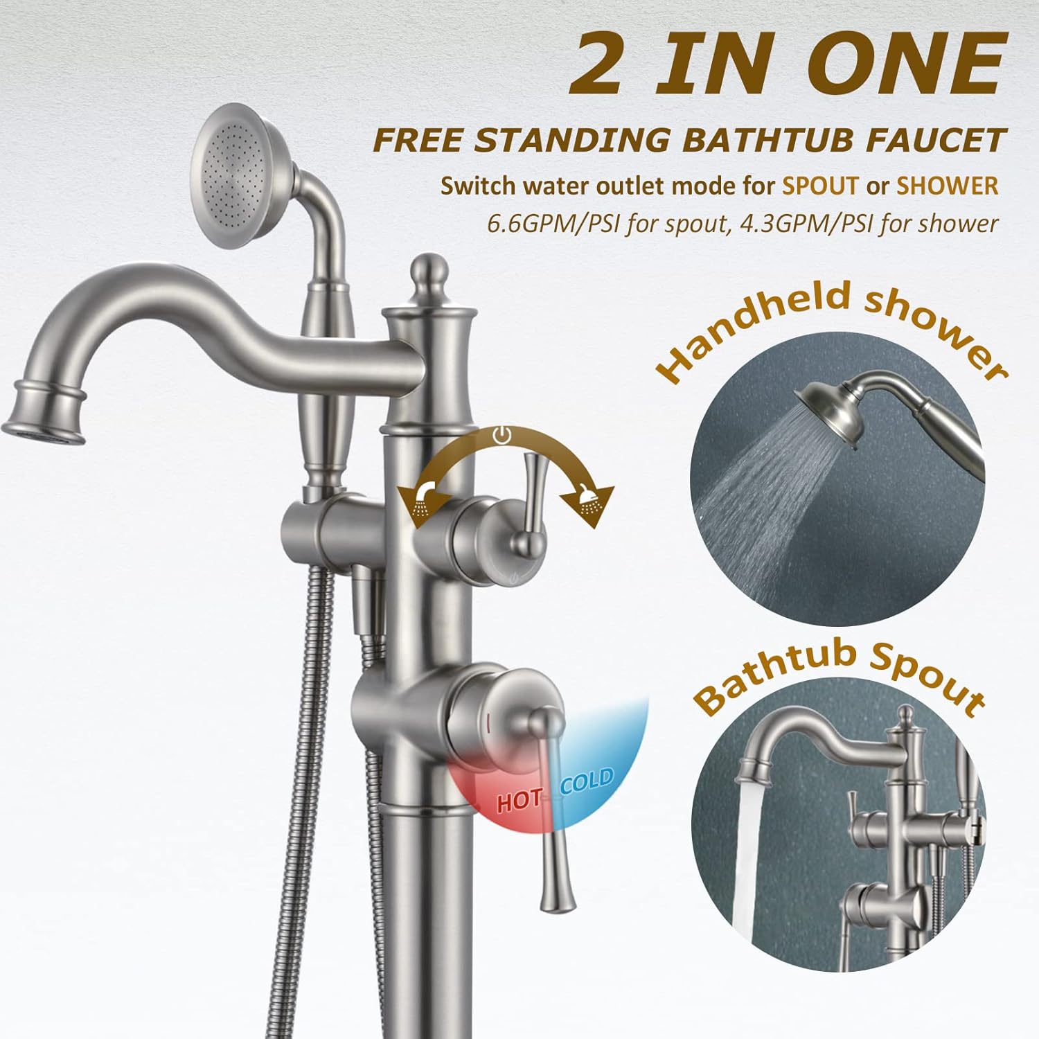 Freestanding Floor Mount Tub Filler with Handheld Shower Roman Bathtub Faucet by Brushed Nickel Finish, Swivel Spout with Brass Rough-in and Water Hose - Image 2