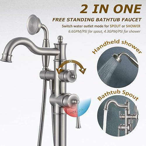 Miniatura 8 de Llenador de bañera independiente de montaje en el suelo con grifo de bañera romano de ducha de mano por acabado cromado, boquilla giratoria con