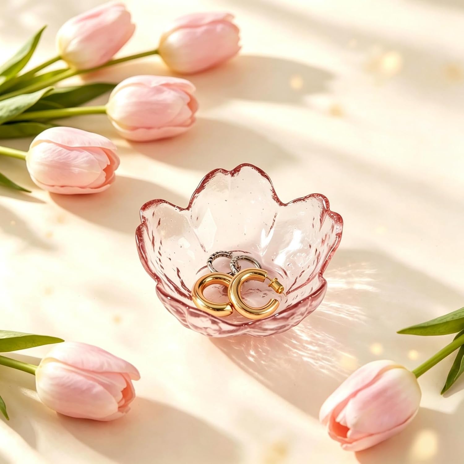 2 Pcs Flower Glass Ring Dish Jewelry Dish Women Floral Ring Holder Jewelry Storage Tray Wonderful Small Gift to Women on Birthday Mother’s Day(Deep Pink) image 4
