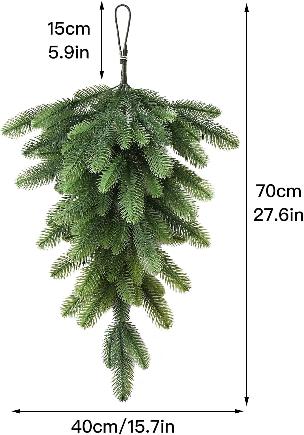 27.6-Inch Green Pine Needles Teardrop Swag - Christmas Door Wreath, Faux Greenery Garland Hanging for Holiday Wall, Lintel, Festival Decoration