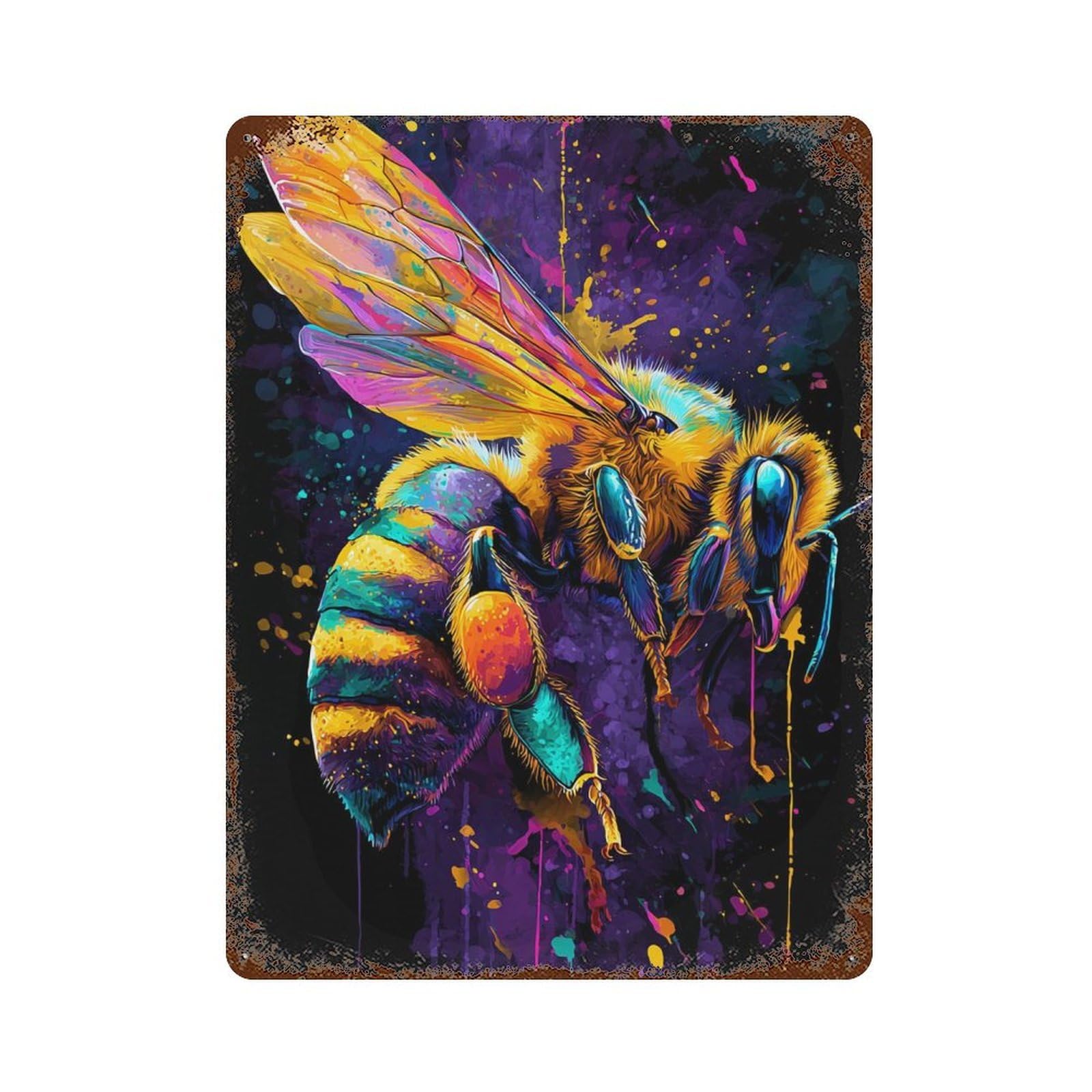 Rust Effect Tin Sign Colorful Bee Art Print-2 15.7"x11.8", Industrial Home Decor for Garage, Bar And Workshop Decor