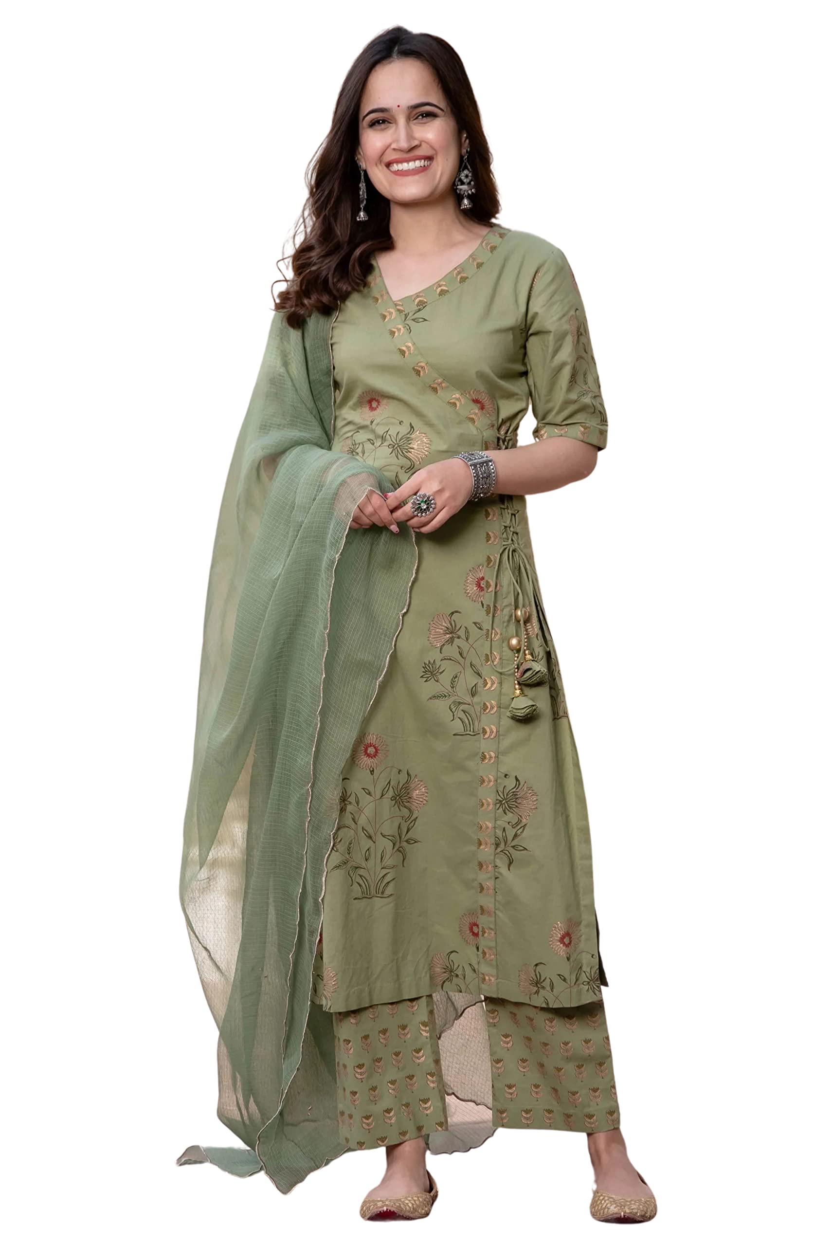 FAADDICTION Women's Rayon Kurta Set with Palazzo pant and Dupatta - Green