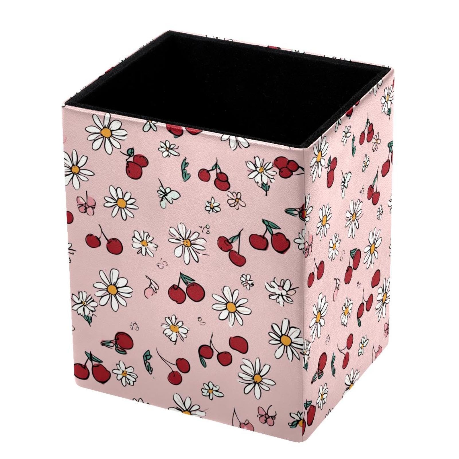 VAPOKF Pencil Holders for Desk, Daisies and Cherries Printed Pen Holders Pen Pot Makeup Brushes Storage Desktop Stationery Supplies Organiser for Home Office
