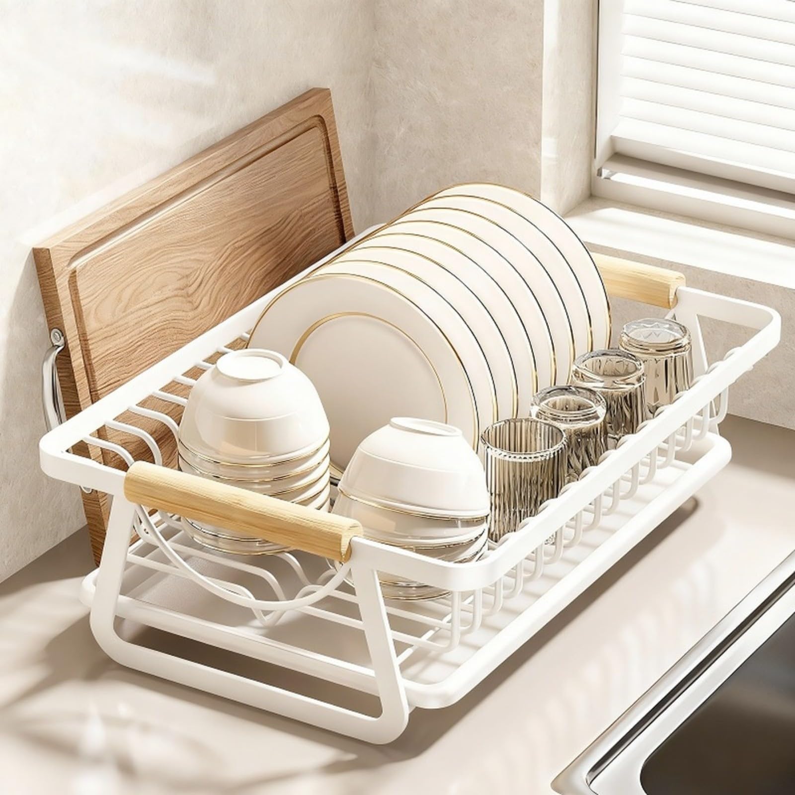 Égouttoir à vaisselle en fer blanc avec plateau, égouttoir antirouille pour assiettes et ustensiles, organiseur de rangement robuste, 33,5 x 23 x 14 cm