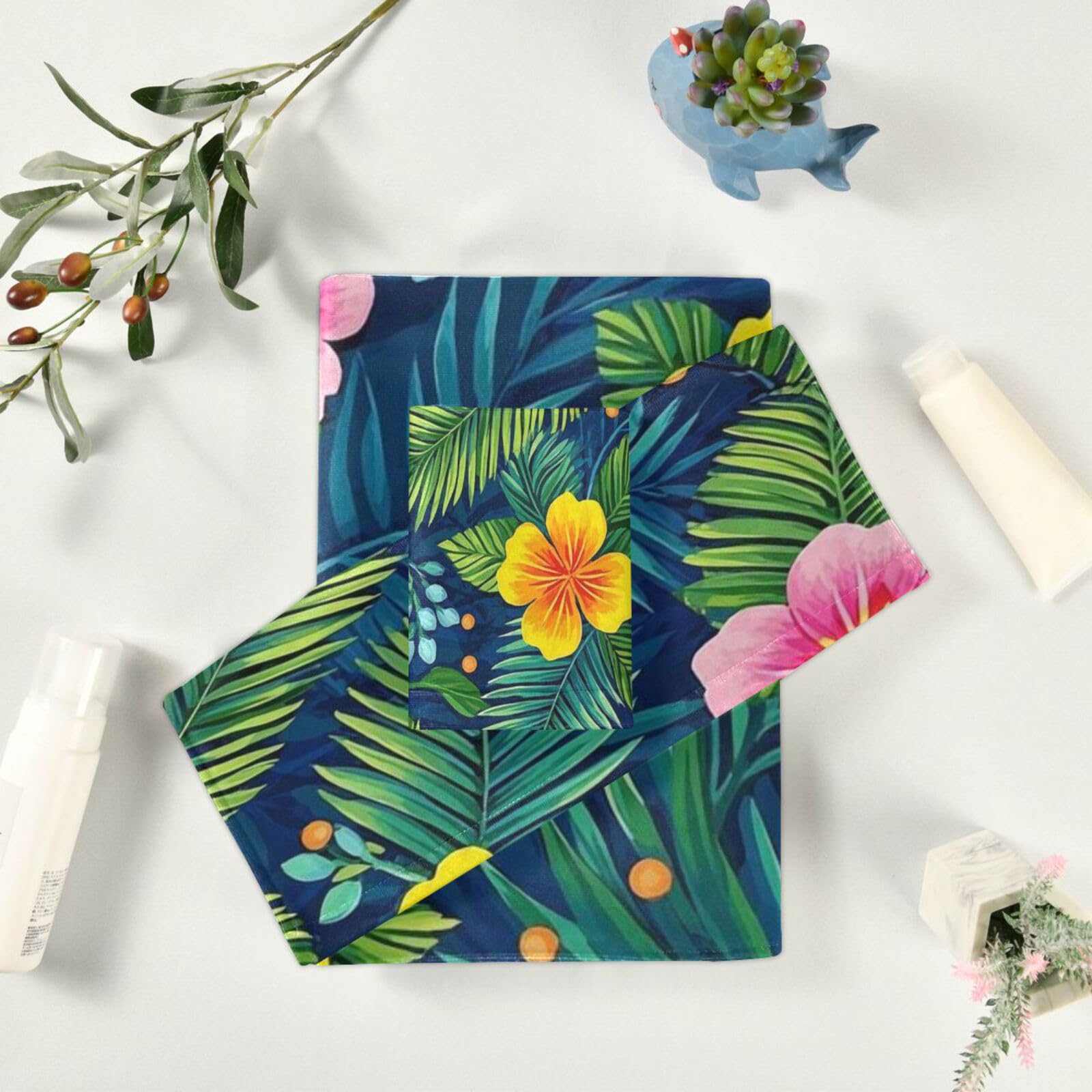 Set di 3 asciugamani decorativi colorati con foglie tropicali, 1 asciugamano da bagno, 1 asciugamano per le mani, 1 panno per la casa, cucina e famiglia