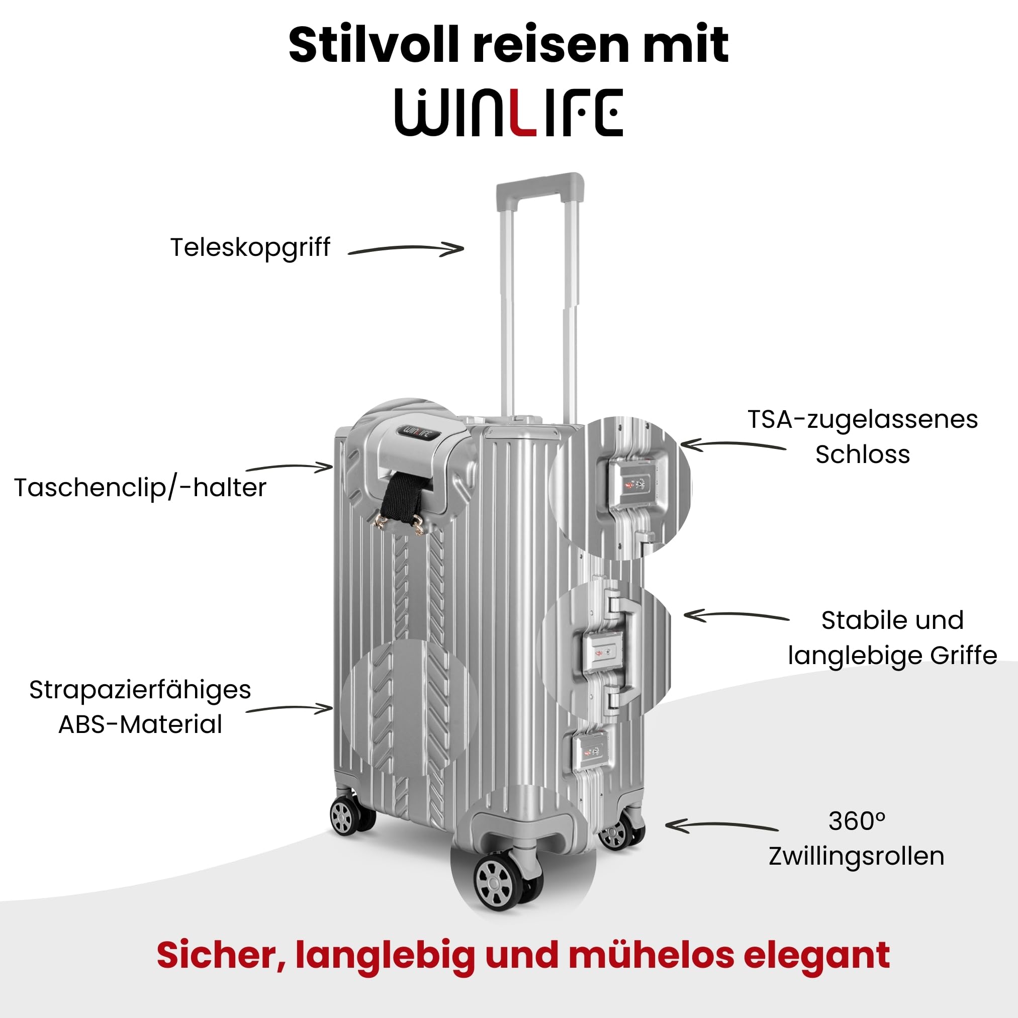 WINLIFE 3in1 M+L+XL Handgepäck(53cm) + Checkin-Trolley(65cm) + XL Koffer(75cm) Reisekoffer Set mit Alu-Rahmen, ABS & TSA Nummern-Schloss | Silber