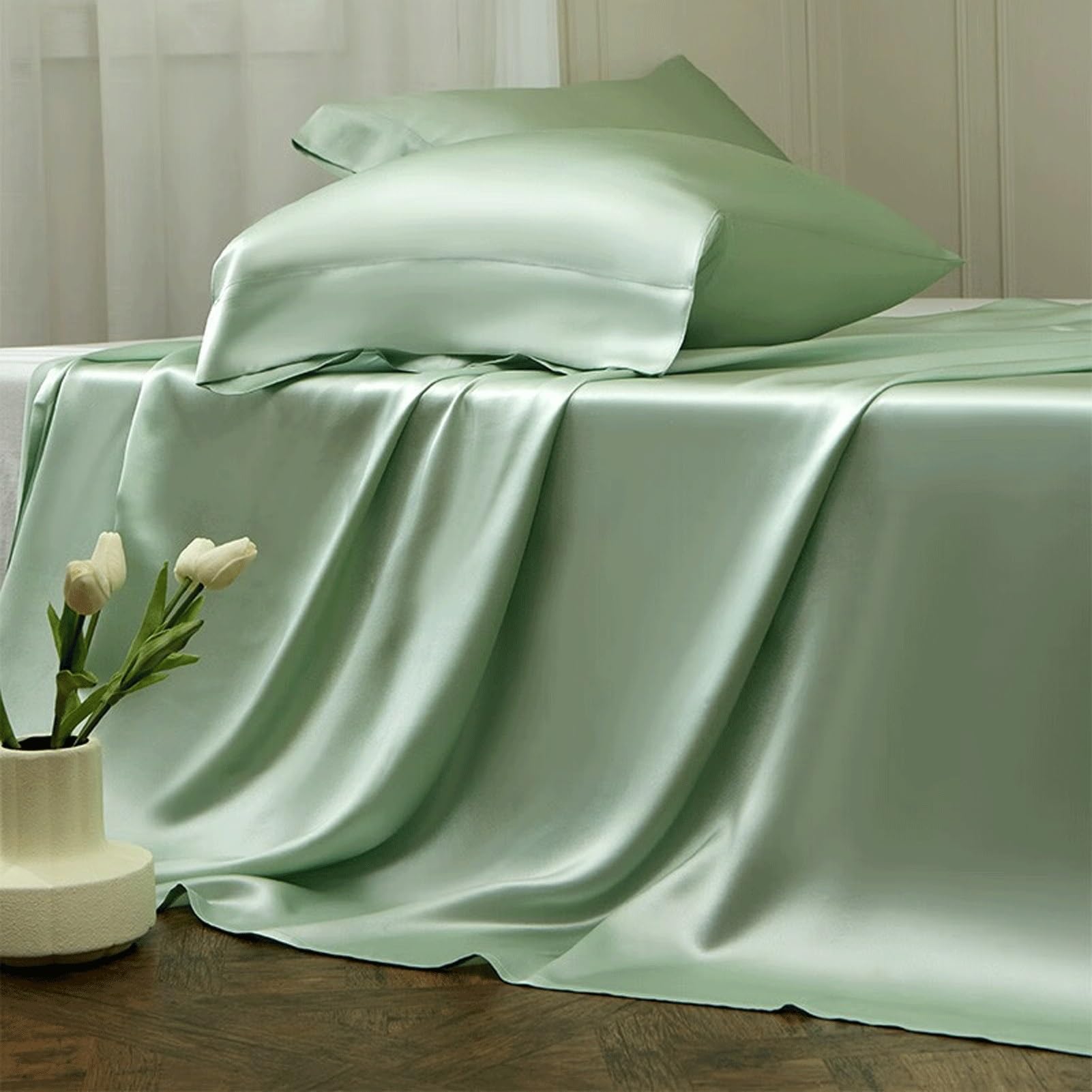 Lenzuolo Sopra Piano in Raso Singolo Matrimoniale 170x230cm 230x250cm 250x250cm in Seta Lavata Delicato Sulla Pelle Liscio Come la Seta(Fruit Green,230x250cm)
