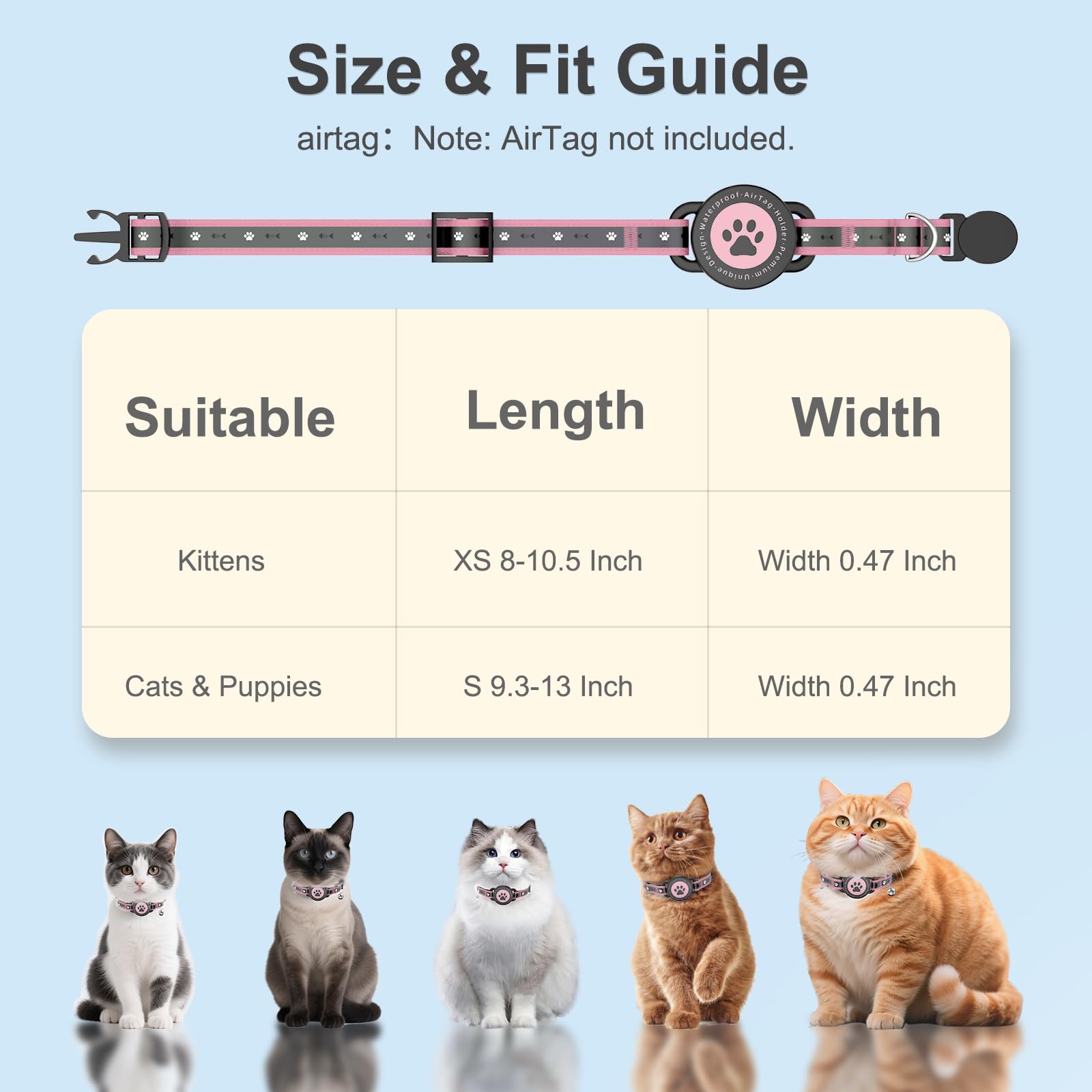 Airtag - Collar de gato Breakaway, collar reflectante para gatito con soporte para Apple Air Tag y campana, acolchado cómodo, ajustable, duradero, se adapta a gatos y niñas (rosa, XS)