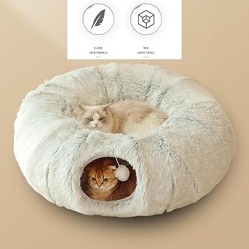 Plush Cat Tunnel Bed Collapsible FluffyTunnels for Indoor Cats Stuff Accessories for Puppy, Kitty, Kitten, Rabbit Small Pets Bed Toy