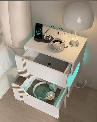 Miniatura 4 de Mesita de noche blanca con estación de carga y luces LED, moderna mesita de noche con 2 cajones de almacenamiento, mesita de noche con patas de