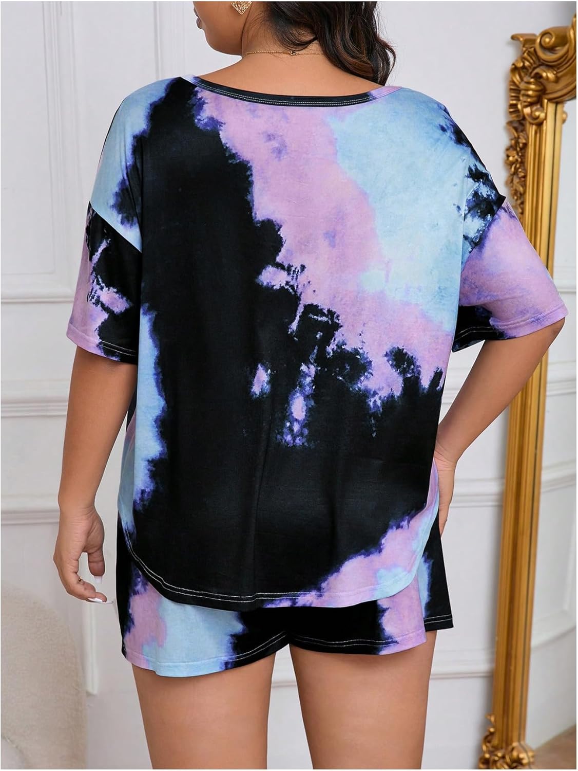WDIRARA Women's Plus Size Tie Dye Pajama V Neck Short Sleeve and Shorts 2 Piece Nightwear - Image 2