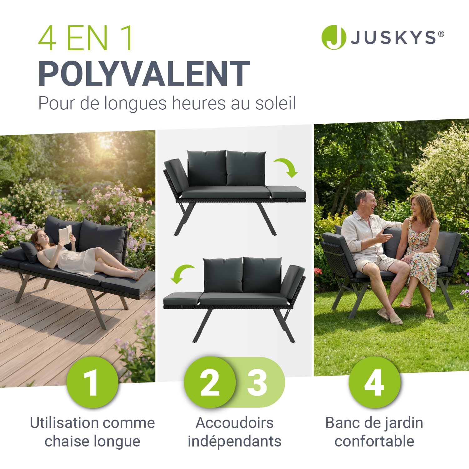 Juskys® Banc Multifonctions Calvia Noir/Gris - transat Pliable en polyrotin résistant, Banc Jardin Charge 240 kg